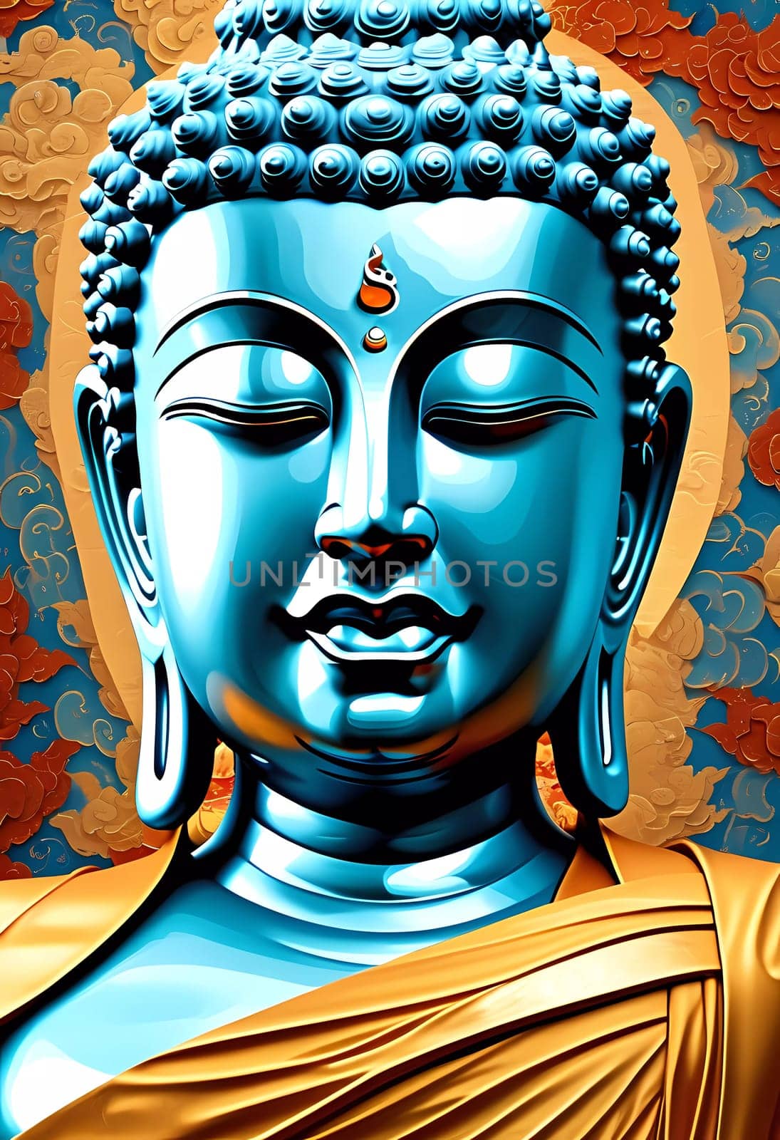 A serene Buddha sculpture captures attention with its vibrant blue hues and golden accents, conveying tranquility amidst a backdrop filled with intricate patterns and designs.