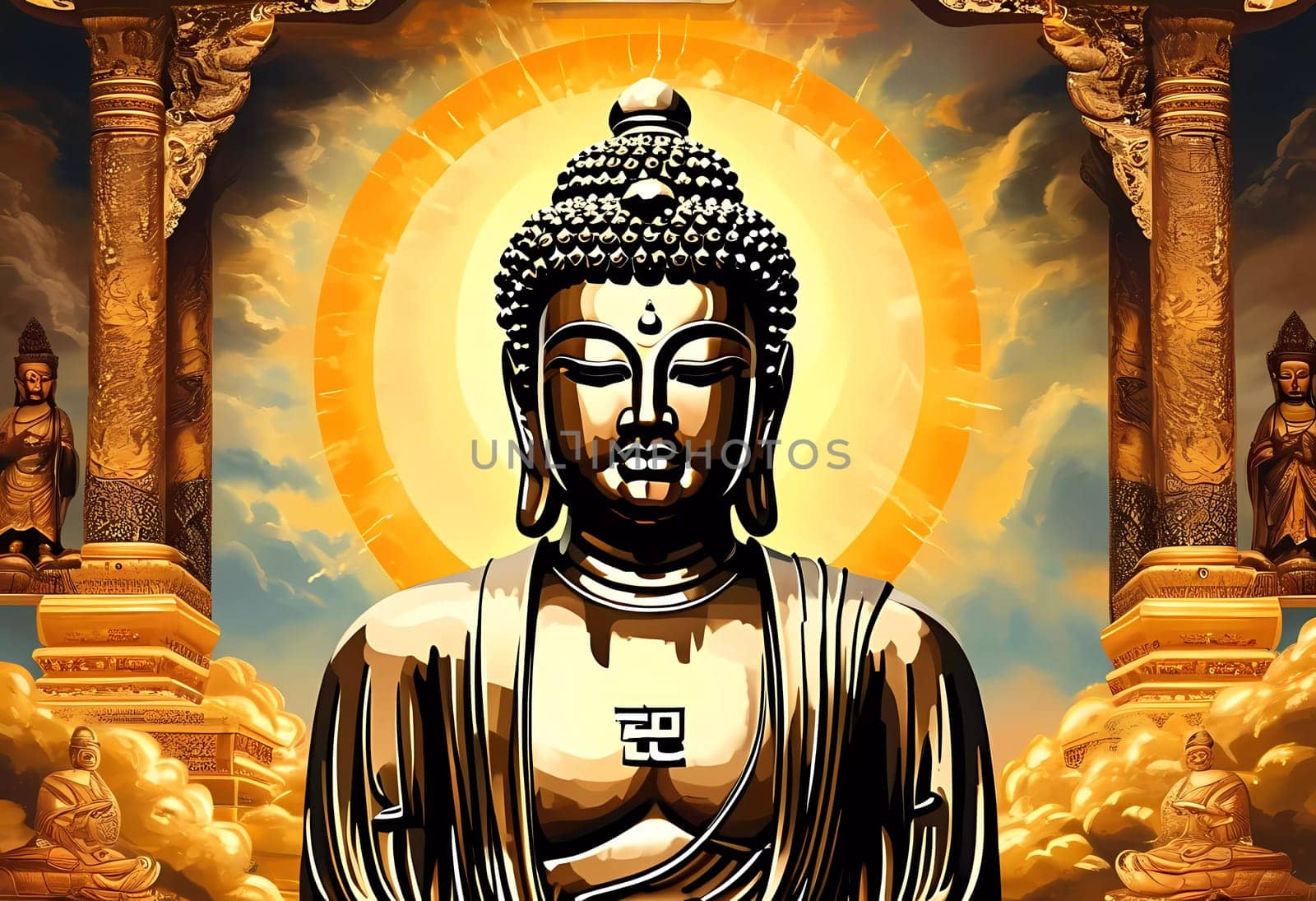 A majestic golden Buddha statue stands at the center, surrounded by detailed ancient structures and clouds, creating a tranquil space filled with spiritual energy.