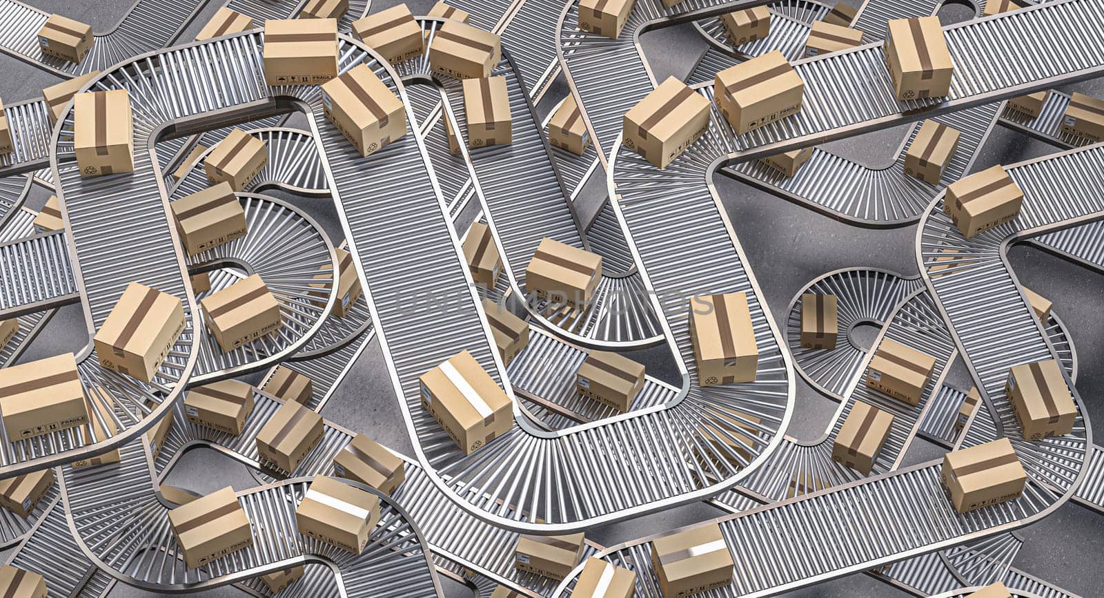 Cardboard boxes moving on conveyor belts in warehouse 3d