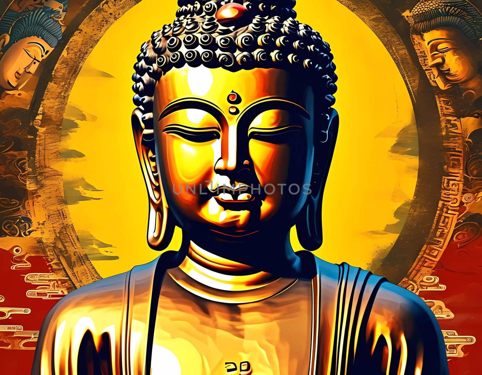 A magnificent golden Buddha statue embodies serenity and peace, surrounded by intricate designs and vivid colors, inviting contemplation and reflection at sunset.