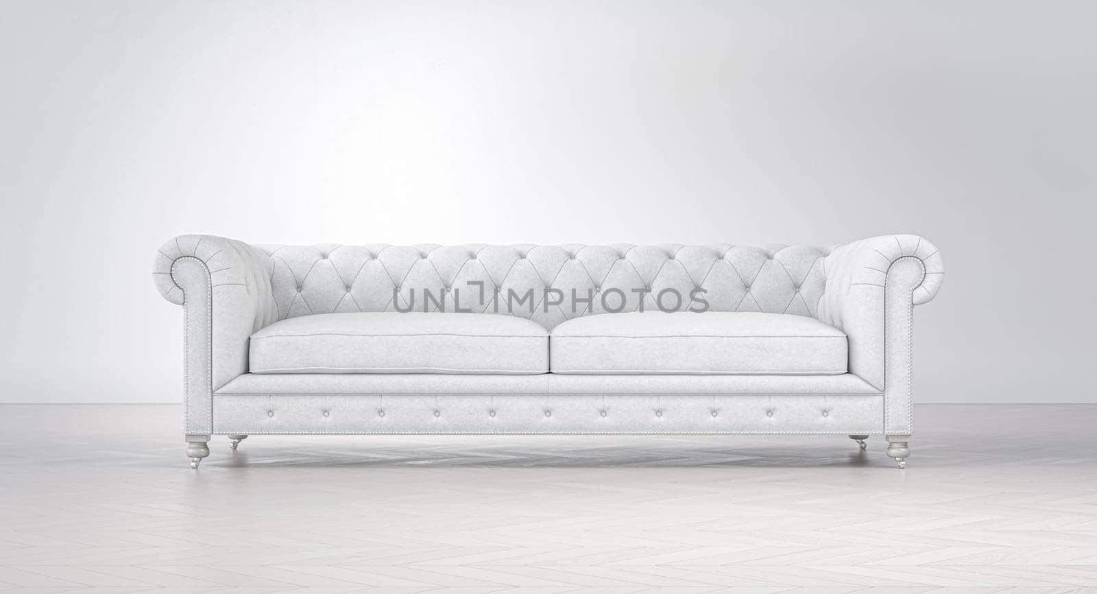 White chesterfield sofa furnishing minimalist interior design 3d
