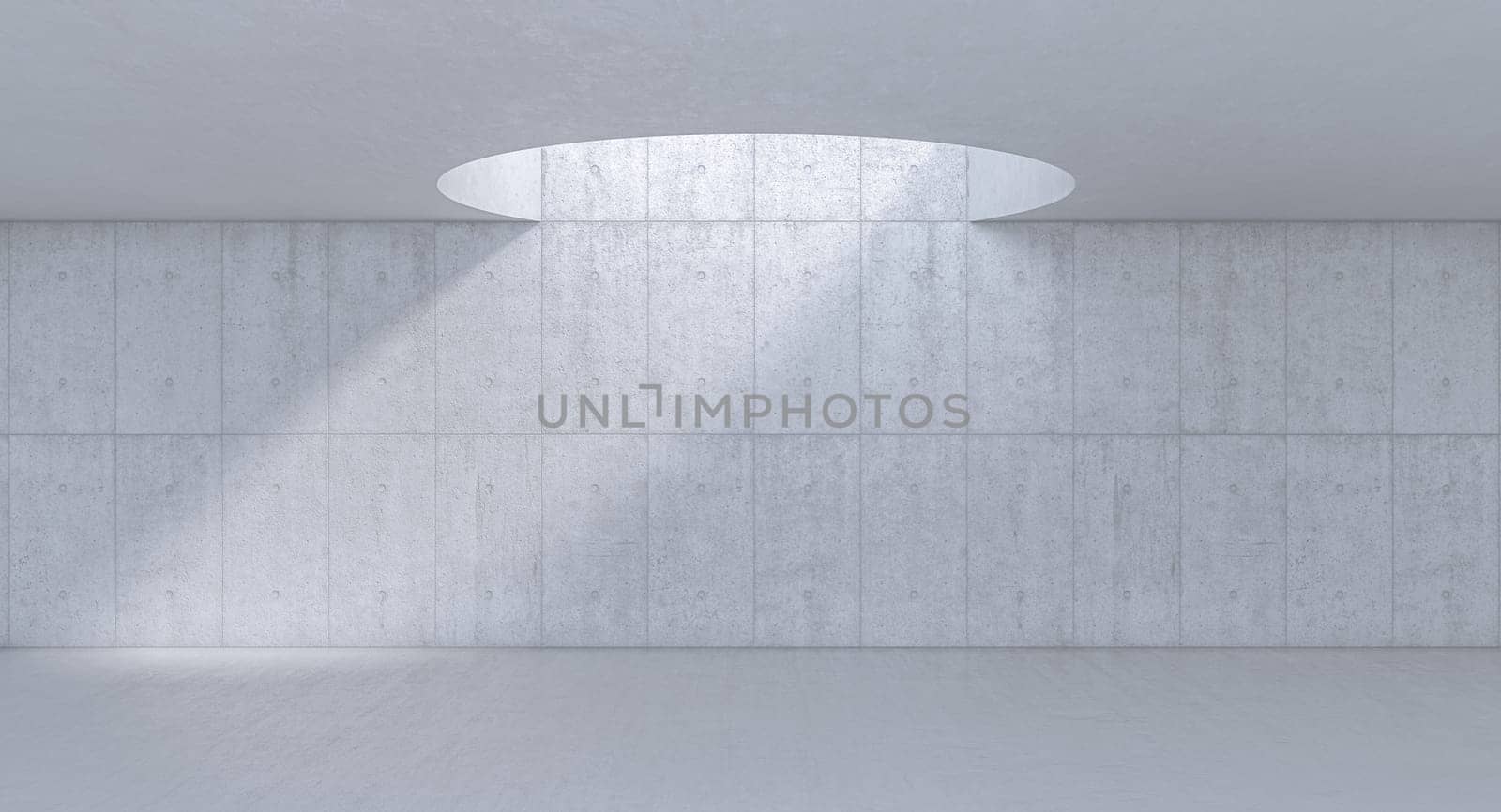 Empty concrete room with circular skylight illuminating wall 3d