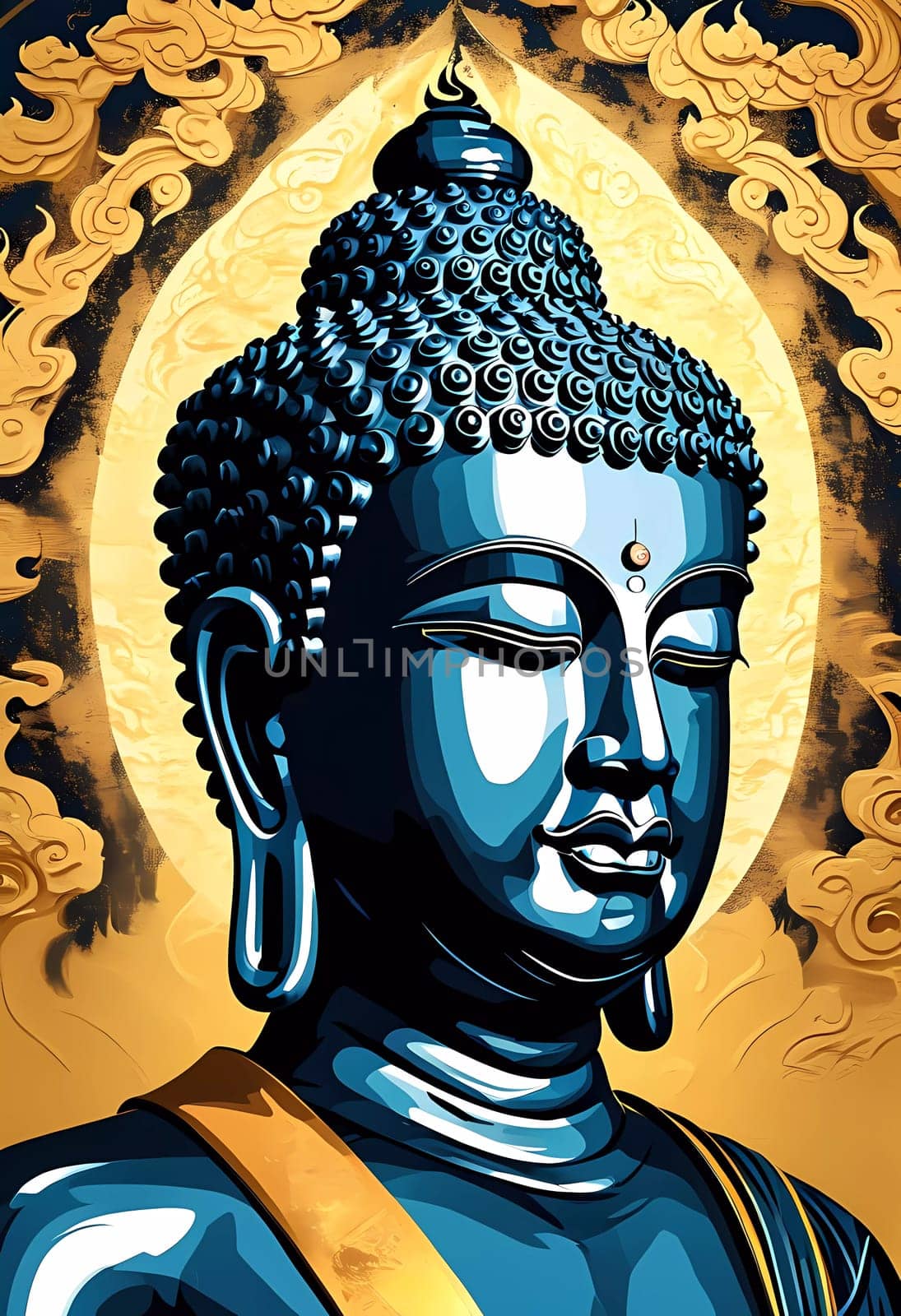 A mesmerizing sculpture of Buddha captures attention with its deep blue hue and serene expression. The backdrop of swirling golden clouds enhances the feeling of peace and spirituality.