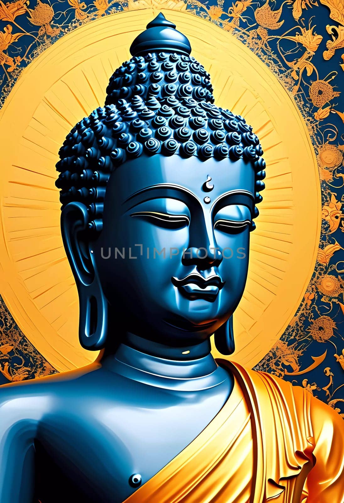 A captivating blue Buddha sculpture stands gracefully, its serene expression evoking tranquility. Behind it, an ornate golden pattern adds warmth and vibrant energy to the atmosphere.