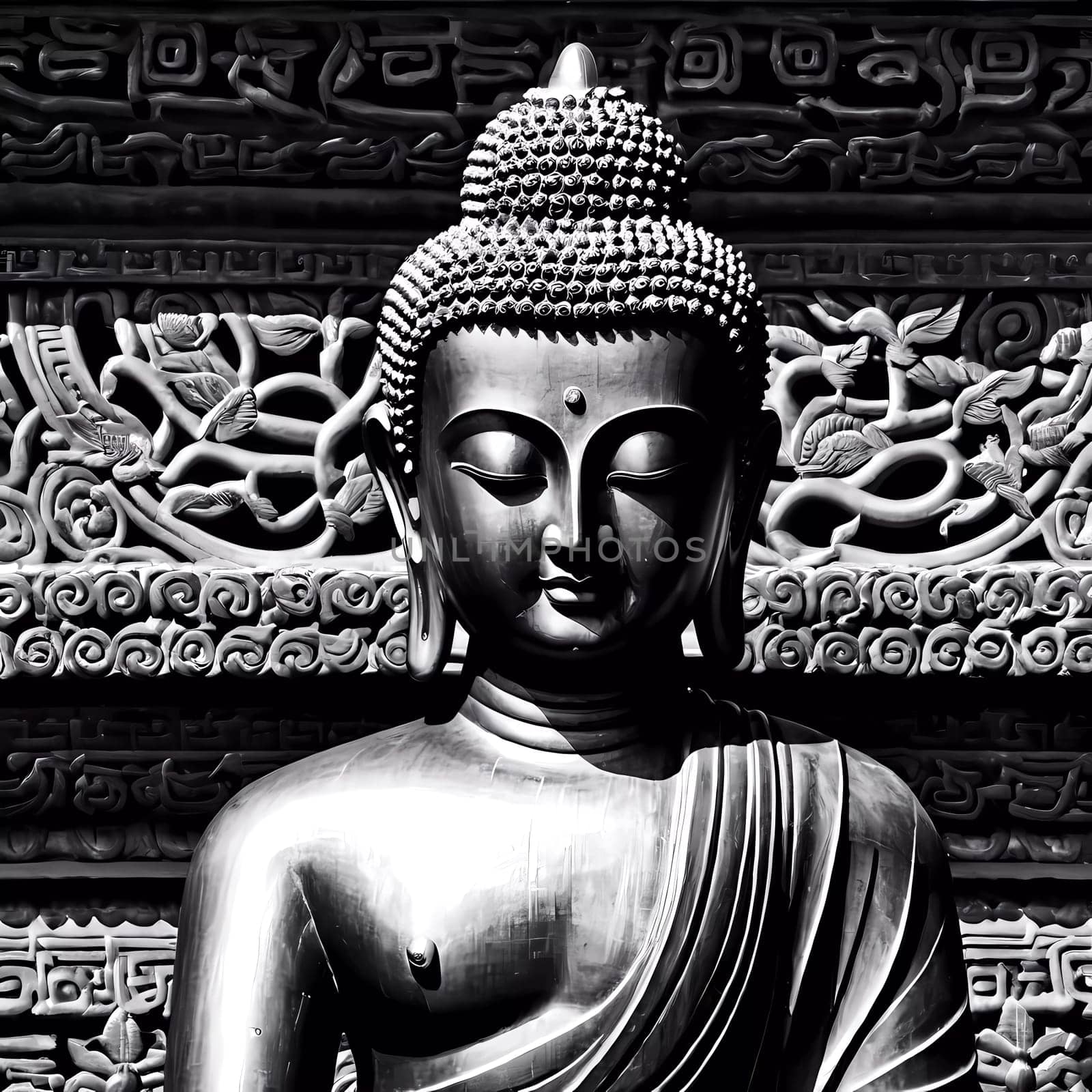 A beautifully crafted Buddha sculpture stands gracefully in front of detailed stone carvings.