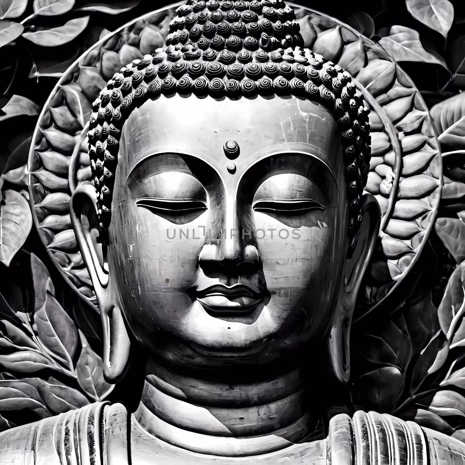 Exquisite Buddha statue radiates calmness with intricate details, framed by vibrant green leaves, creating a harmonious blend of nature and spirituality.