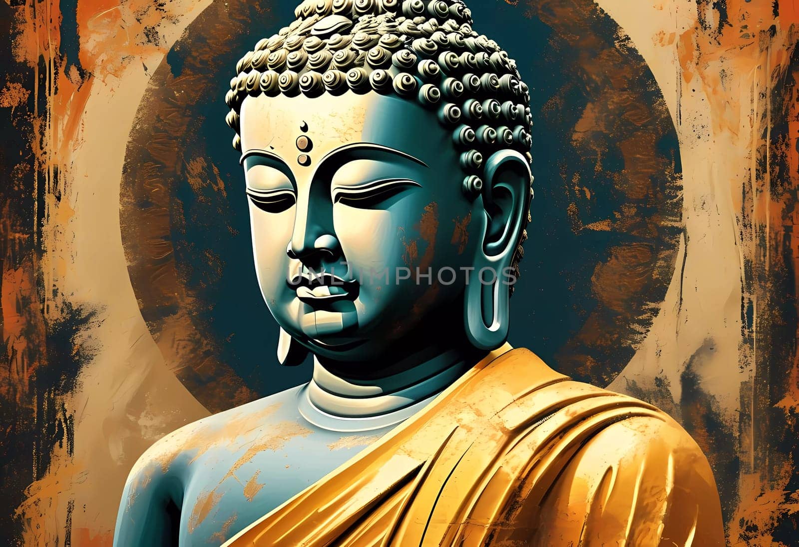 A detailed statue of Buddha exemplifies peacefulness with intricate features and a warm golden robe. Surrounding colors enhance the sense of spirituality and calmness.