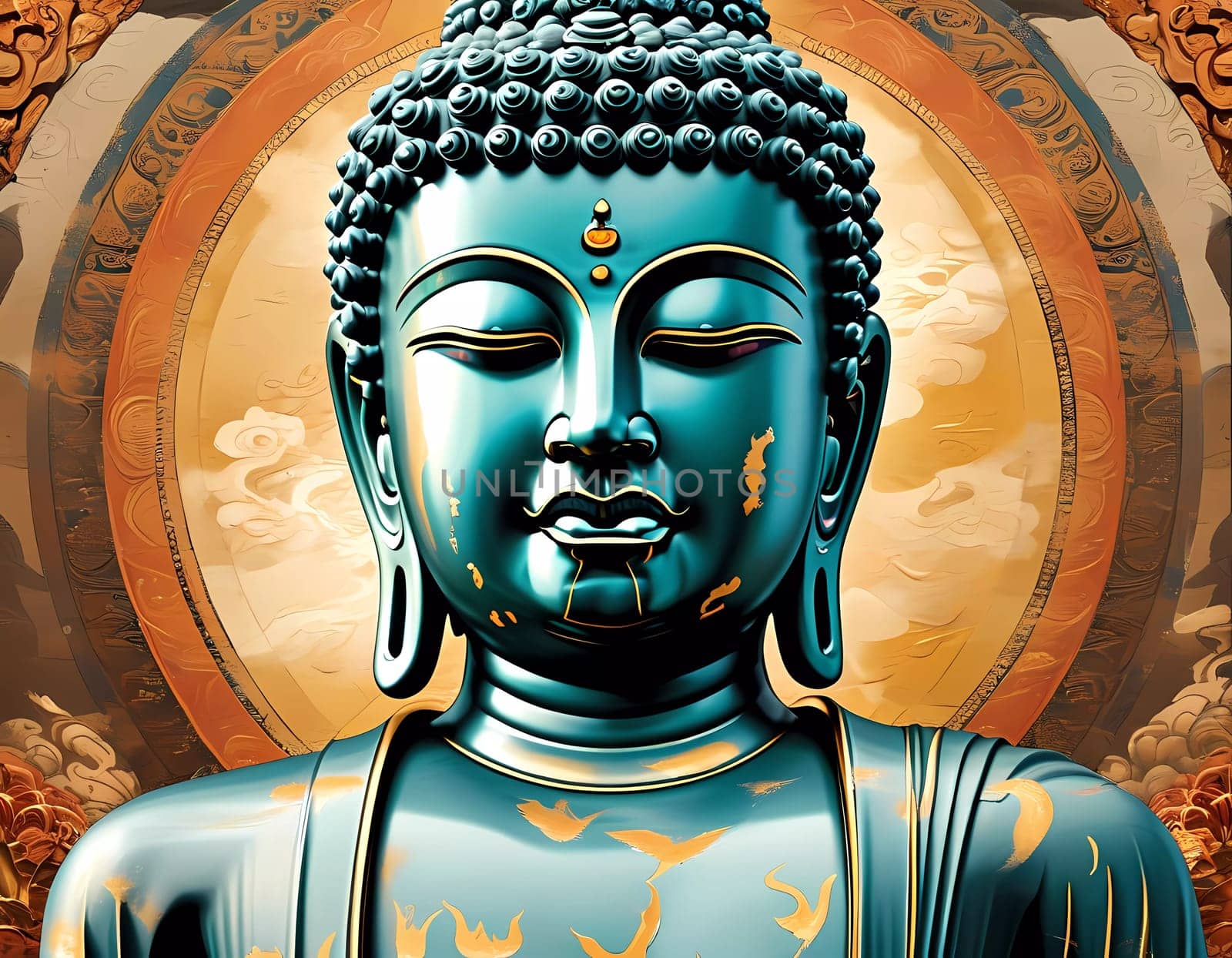 A breathtaking Buddha statue with intricate details stands against a warm, textured background, creating an aura of calm and spiritual connection in a harmonious atmosphere.