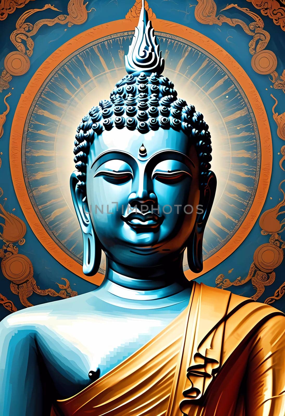 A majestic Buddha statue stands prominently, adorned in gold and blue, with intricate designs and a luminous halo radiating peace and tranquility.