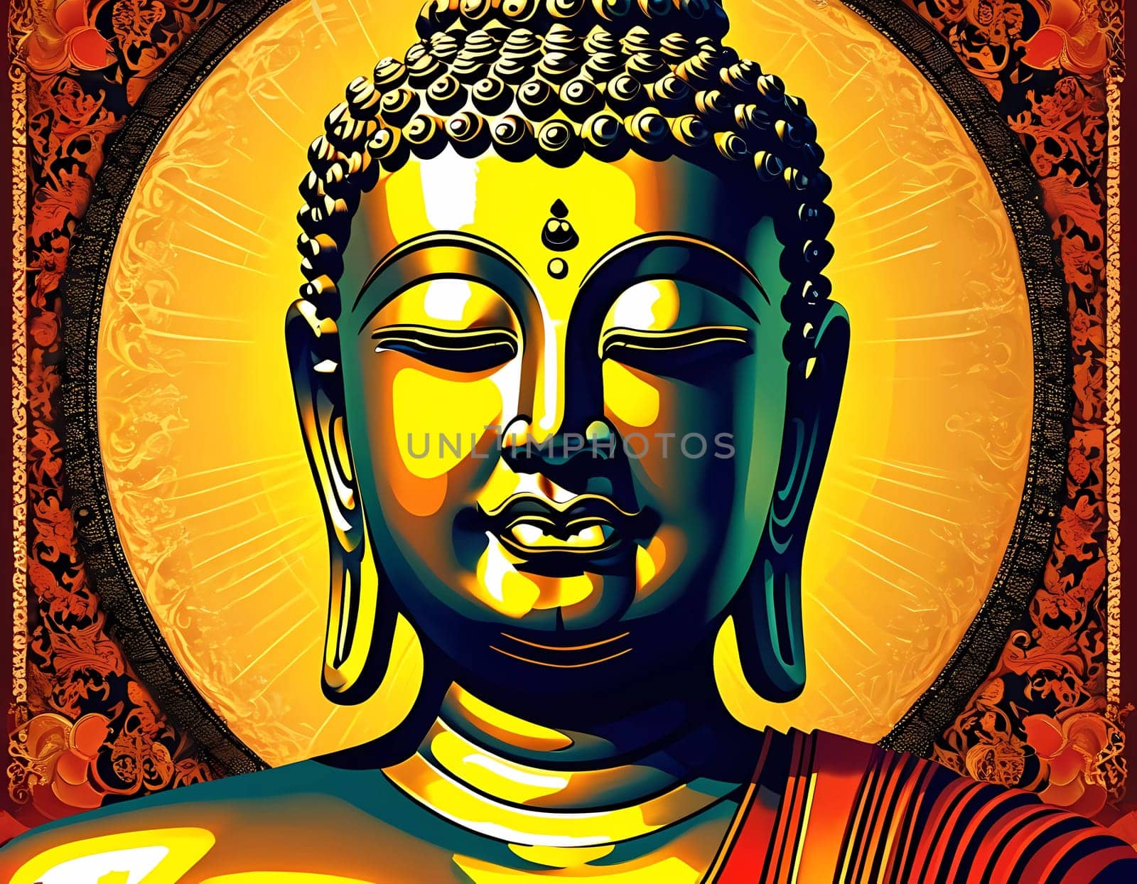 A golden Buddha figure radiates serenity, set against a vibrant backdrop of intricate patterns emanating tranquility. The warm light creates a peaceful atmosphere ideal for meditation.