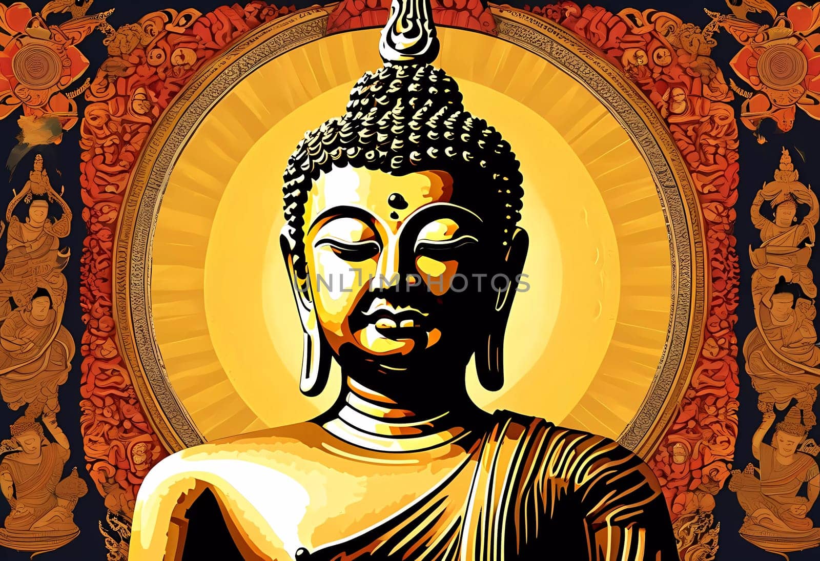 A majestic golden Buddha statue stands at the center, radiating peace and tranquility. The background features detailed designs and vibrant colors, enhancing the meditative vibe.