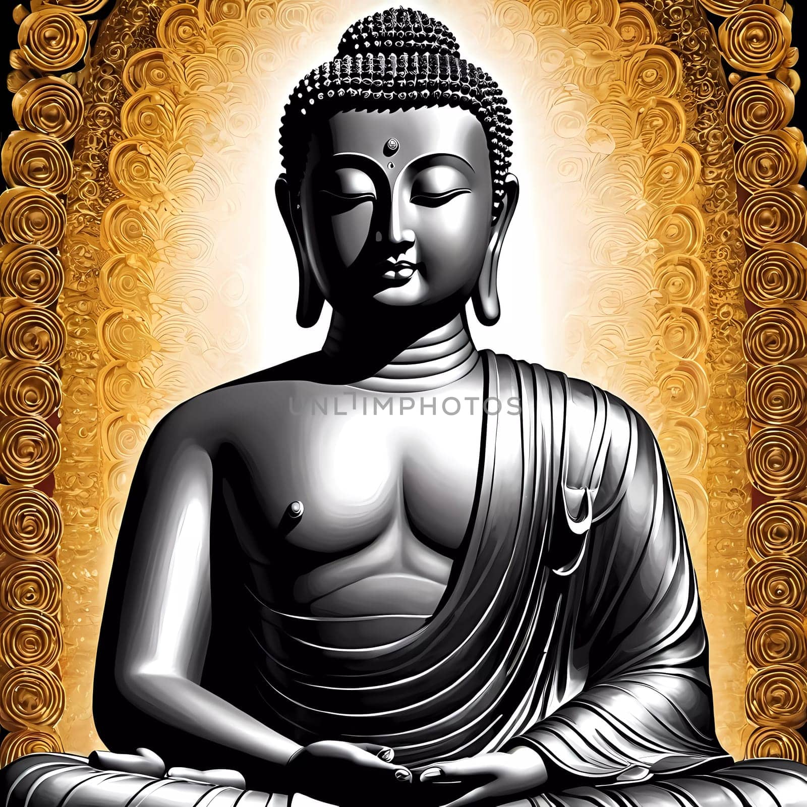 A graceful black Buddha sits in meditation, symbolizing tranquility and inner peace, adorned by exquisite golden designs that enhance the calm atmosphere of the setting.