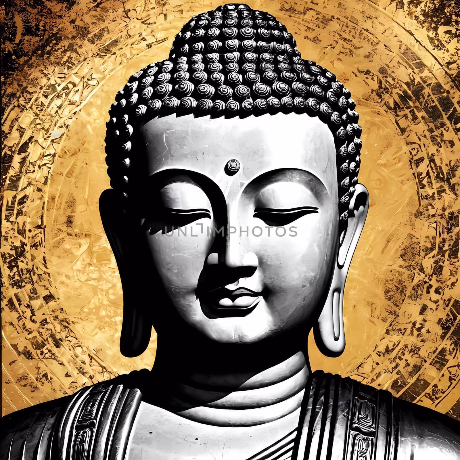 A serene Buddha statue graces a tranquil temple, its intricate details reflecting light beautifully. The golden background enhances the aura of peace and wisdom that surrounds it.