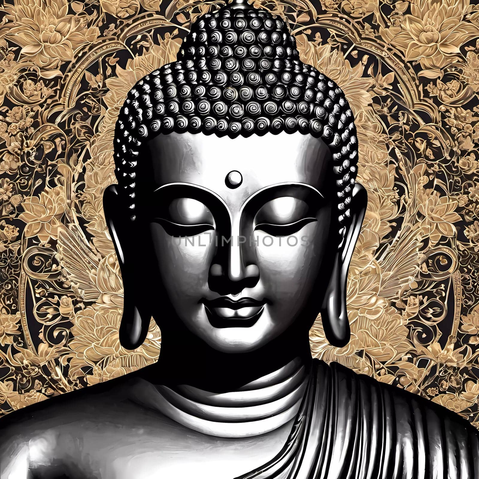 A beautifully crafted silver Buddha statue radiates calm and enlightenment, set against a detailed floral backdrop that enhances its spiritual essence and invites reflection.