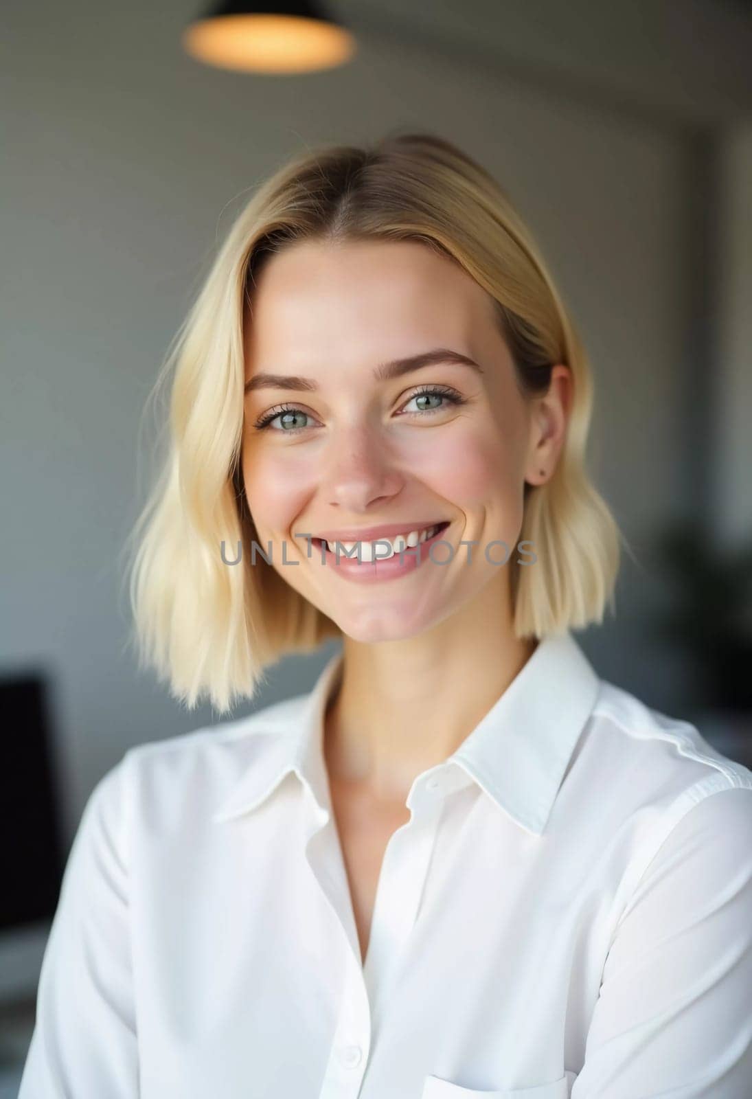 A cheerful blonde woman in a crisp white shirt offers warm and friendly service in a stylish bank office filled with natural light. She exudes positivity and professionalism.