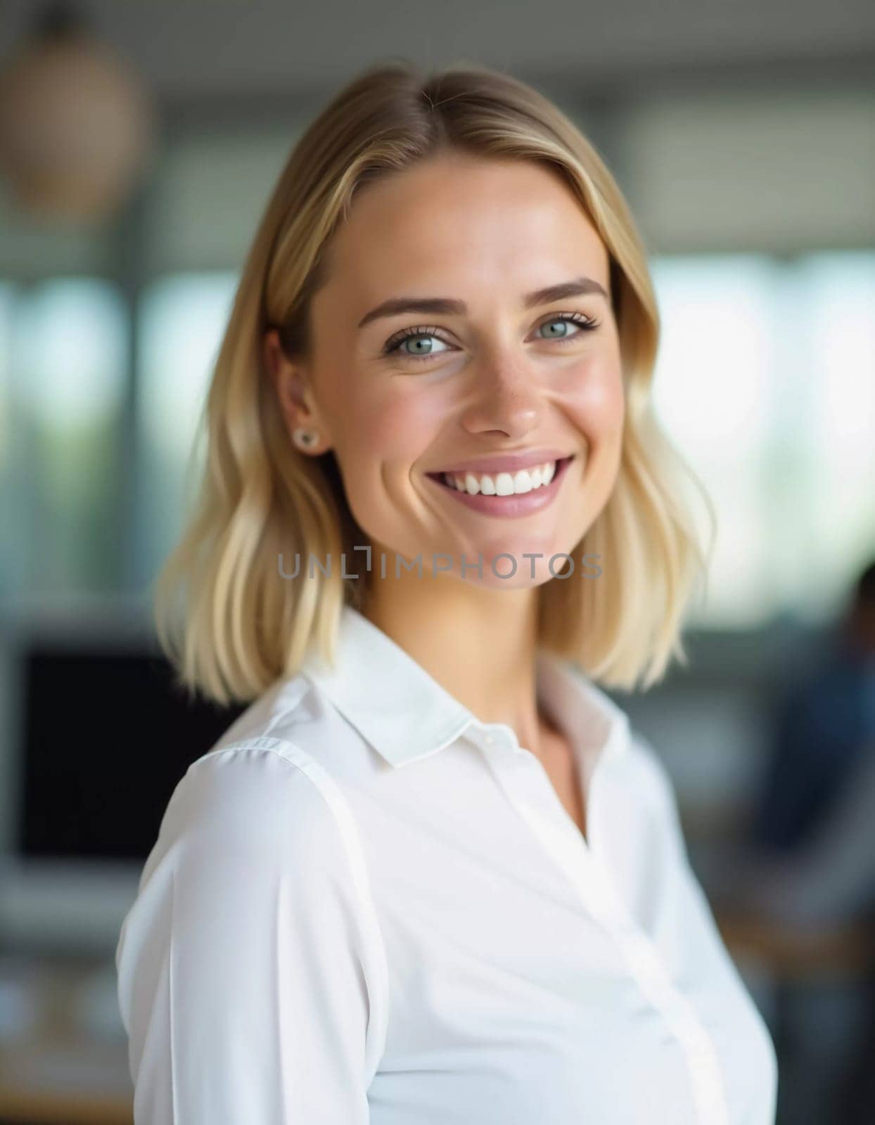 A cheerful blonde woman in a white blouse stands confidently in a modern office, showcasing her commitment to excellent service and a welcoming atmosphere.