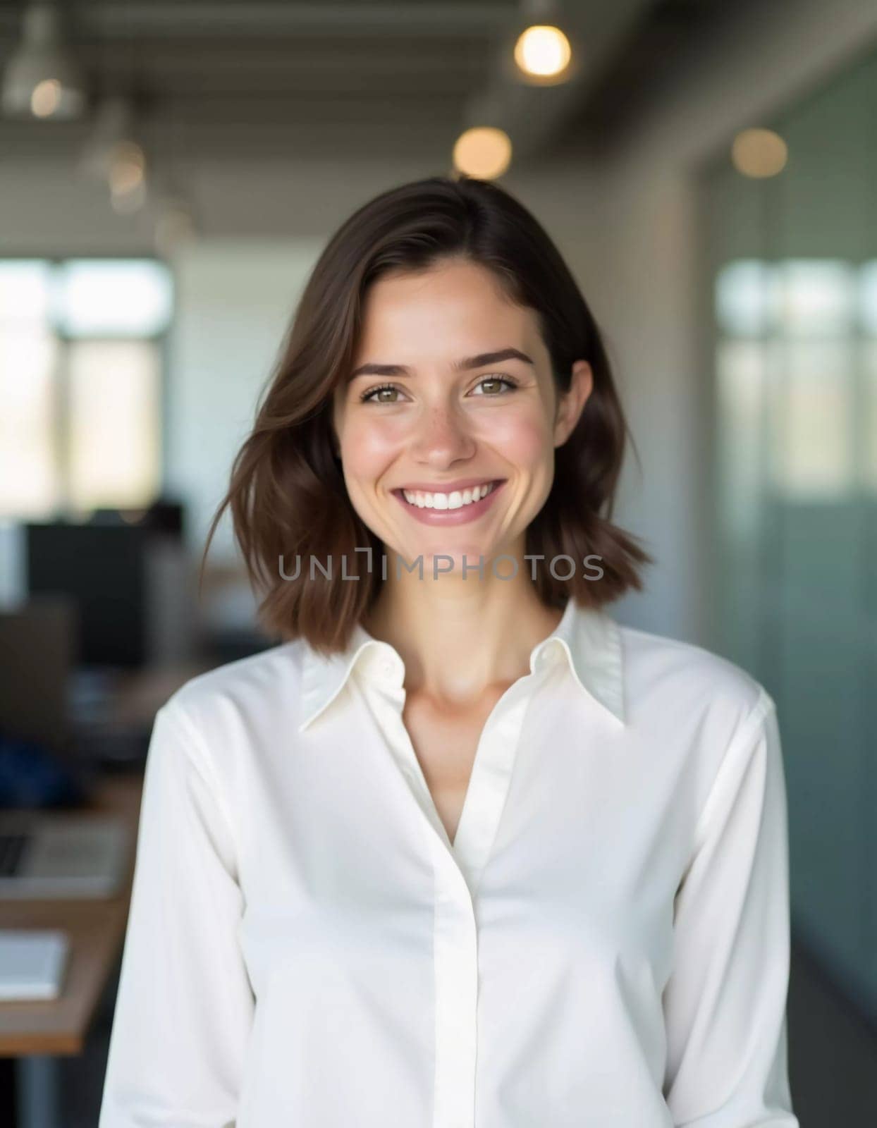 In a bright and contemporary office, a brunette woman wearing a crisp white shirt smiles warmly, embodying friendliness and professionalism as she engages with clients and coworkers.