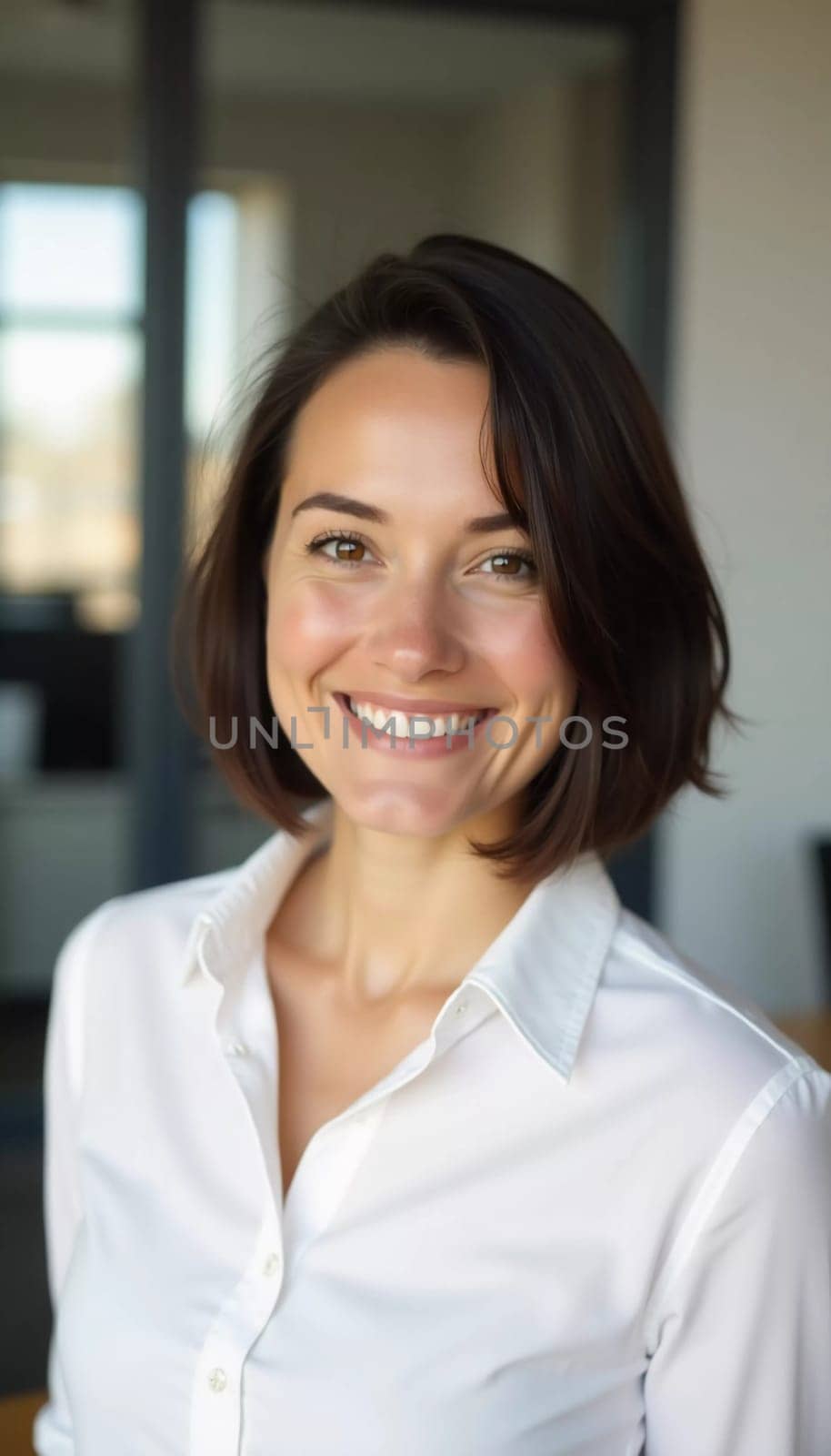 In a cozy banking office, a brunette woman beams with a cheerful smile, showcasing her commitment to customer service and professionalism during a busy afternoon at work.