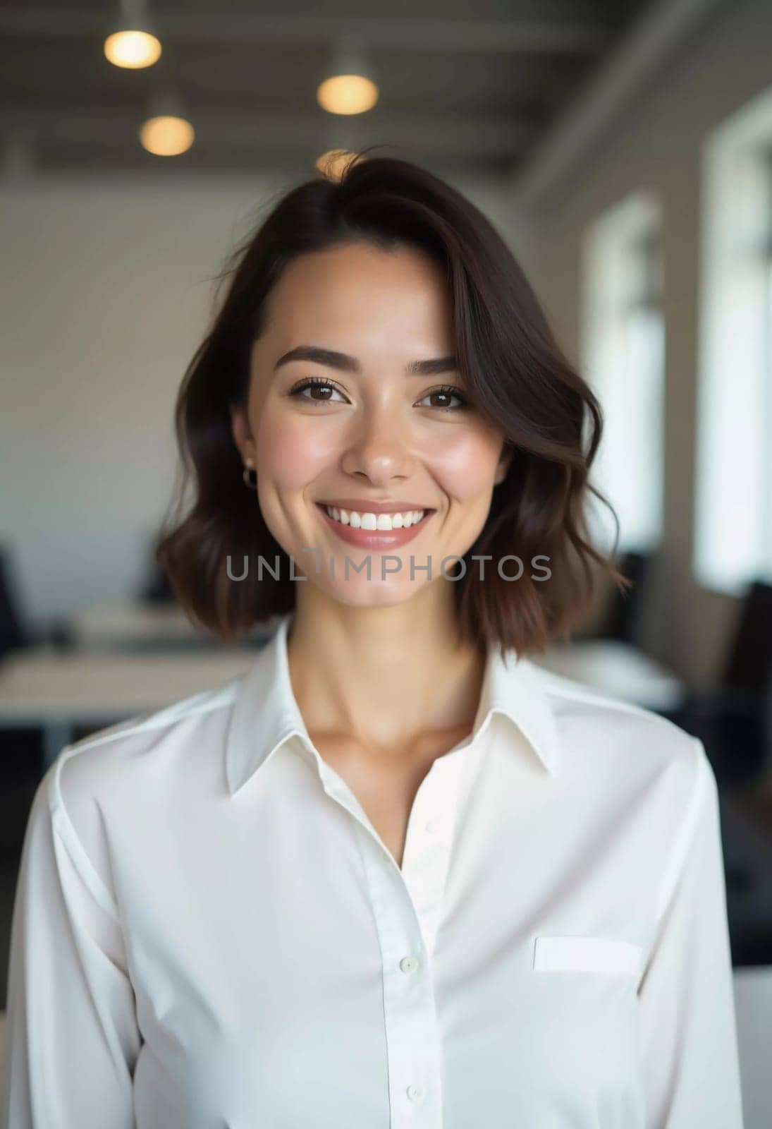 In a contemporary bank office setting, a brunette woman beams with a friendly smile, ready to assist clients with her exceptional service. The atmosphere is welcoming and professional.
