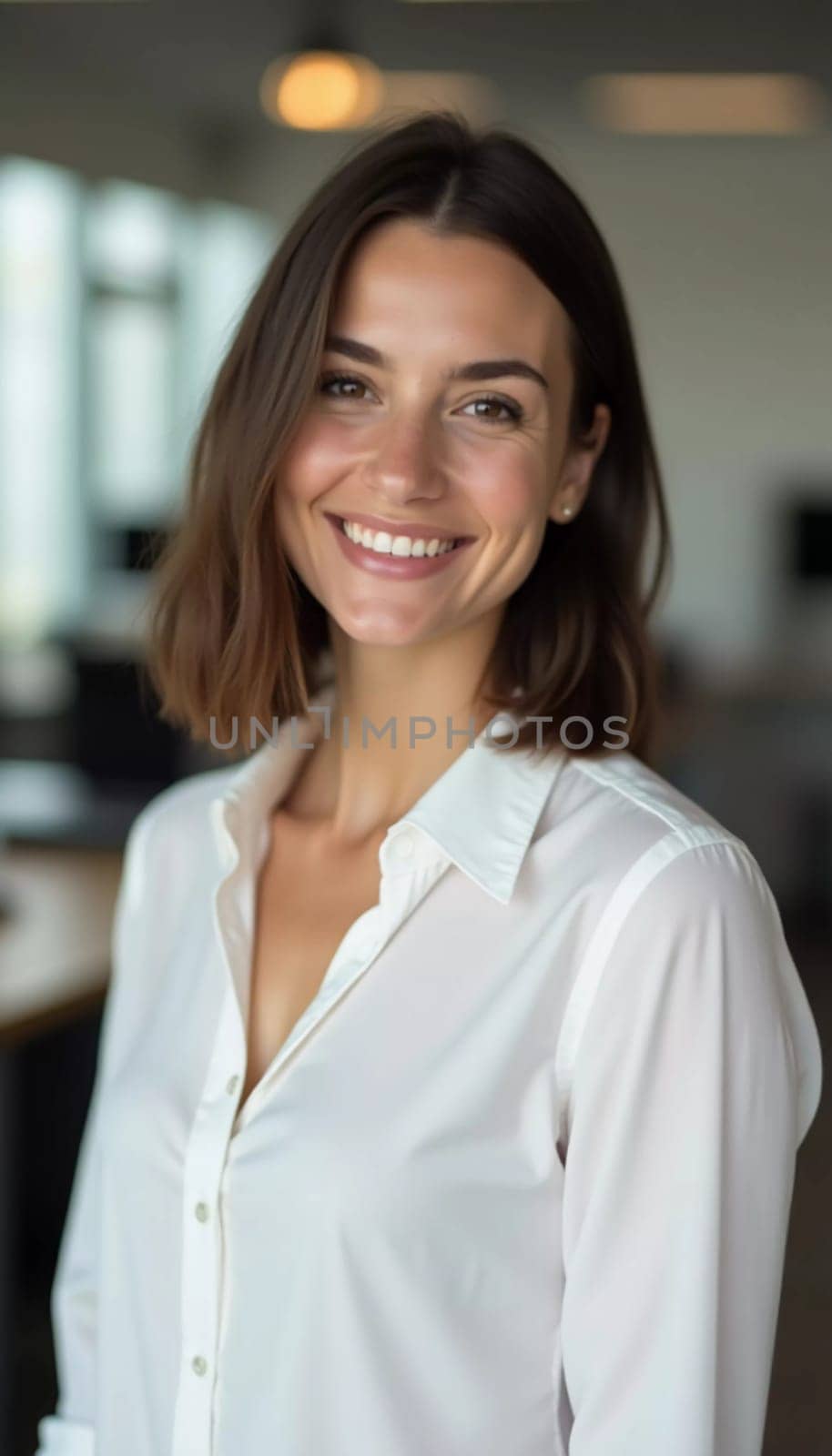 A friendly brunette woman in a white shirt radiates positivity while providing customer service at a bustling bank office, surrounded by a professional atmosphere.