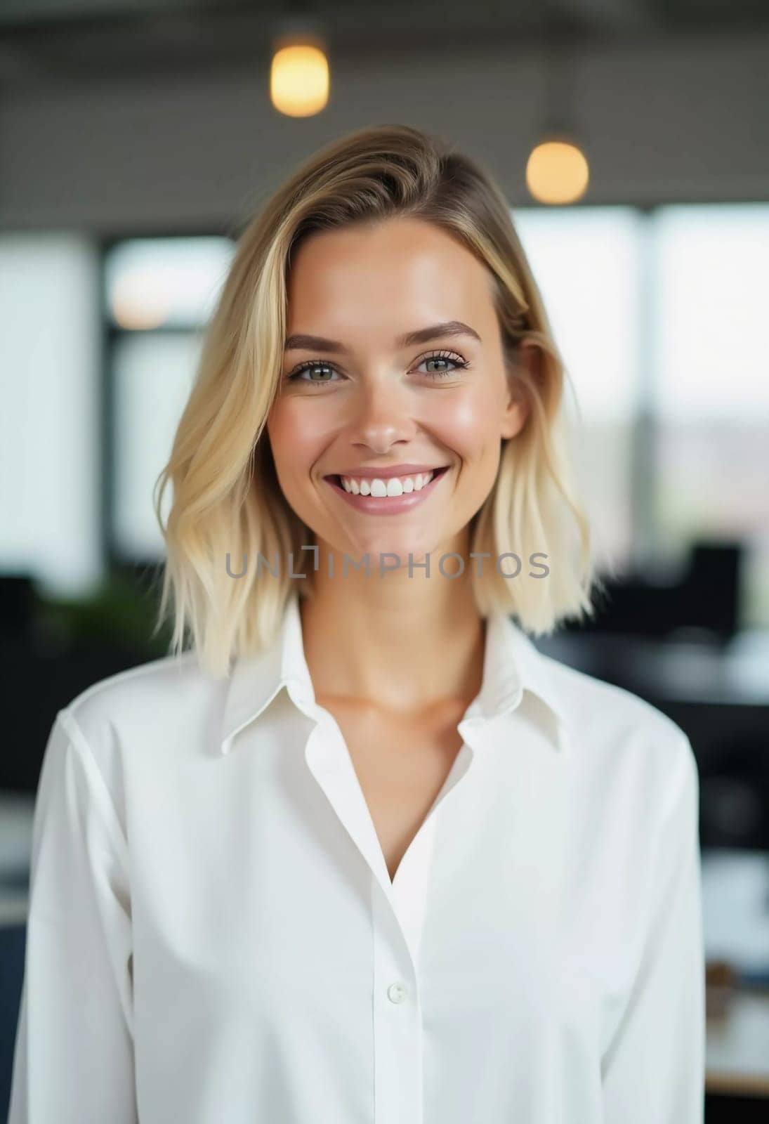 In a modern bank office, a cheerful blonde woman dressed in a white blouse brightens the atmosphere with her genuine smile, ready to assist clients with their needs.
