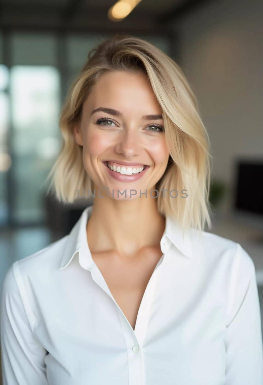 A cheerful blonde woman stands confidently in a modern bank office, radiating positivity. Her friendly smile enhances the welcoming atmosphere as she assists clients.