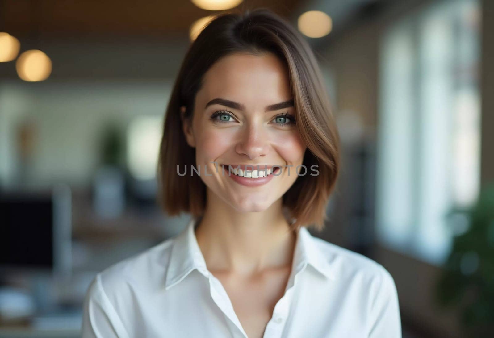 A woman with brunette hair smiles warmly while providing excellent customer service in a modern bank office. Natural light fills the space, enhancing her inviting demeanor.