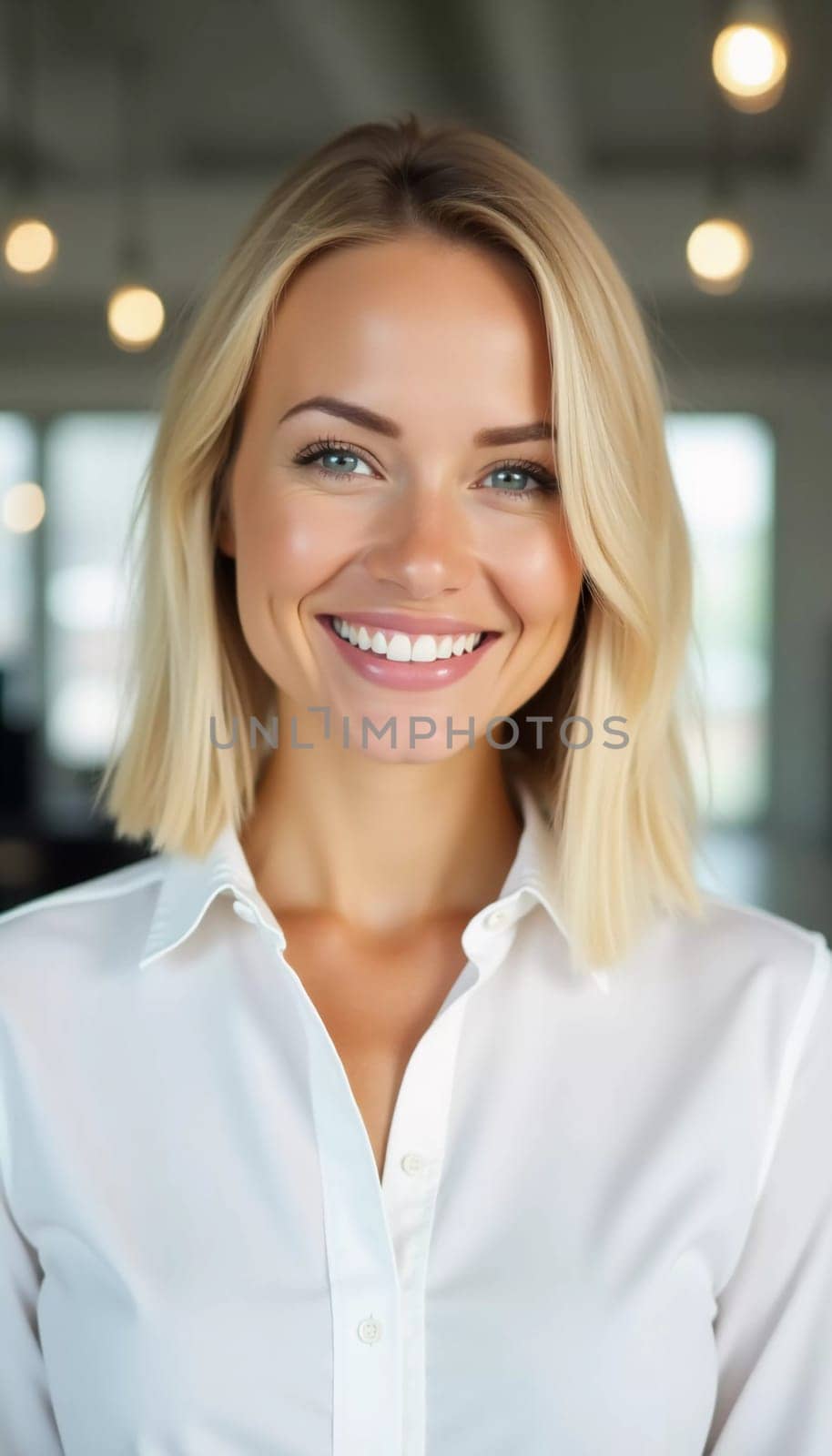 A cheerful blonde woman in a white shirt smiles warmly, showcasing excellent customer service in a contemporary bank office filled with natural light.