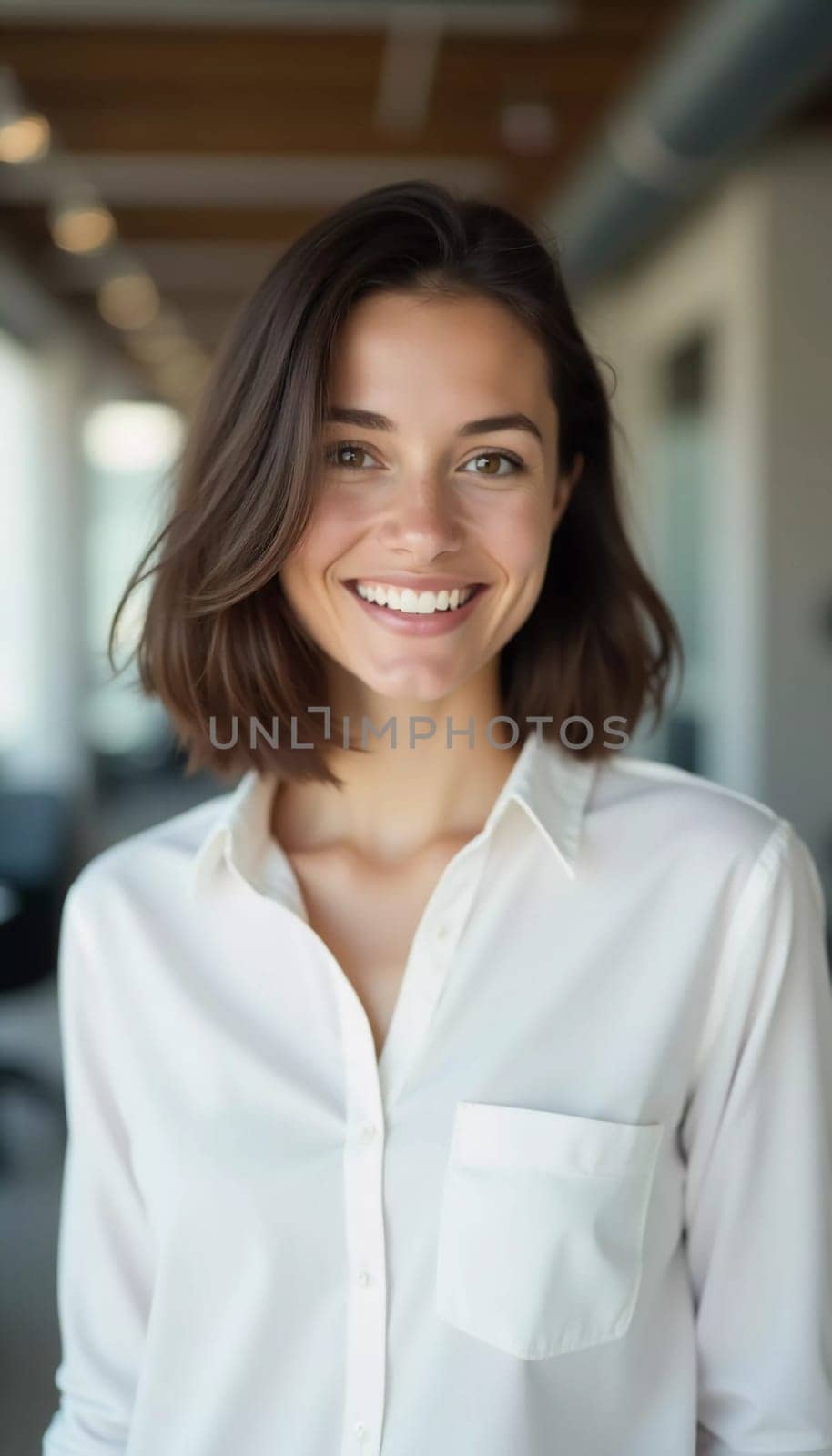 A brunette woman with a friendly smile stands confidently in a sleek bank office.