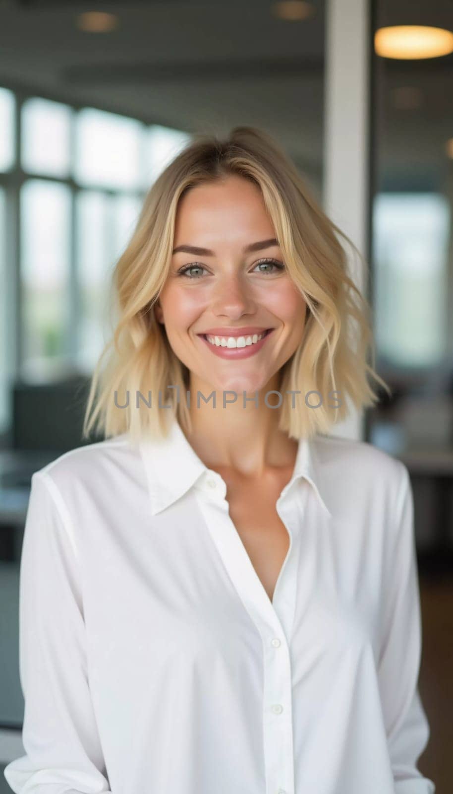 A cheerful blonde woman dressed in a crisp white shirt engages with clients in a contemporary bank office, radiating professionalism and friendliness during a busy workday.