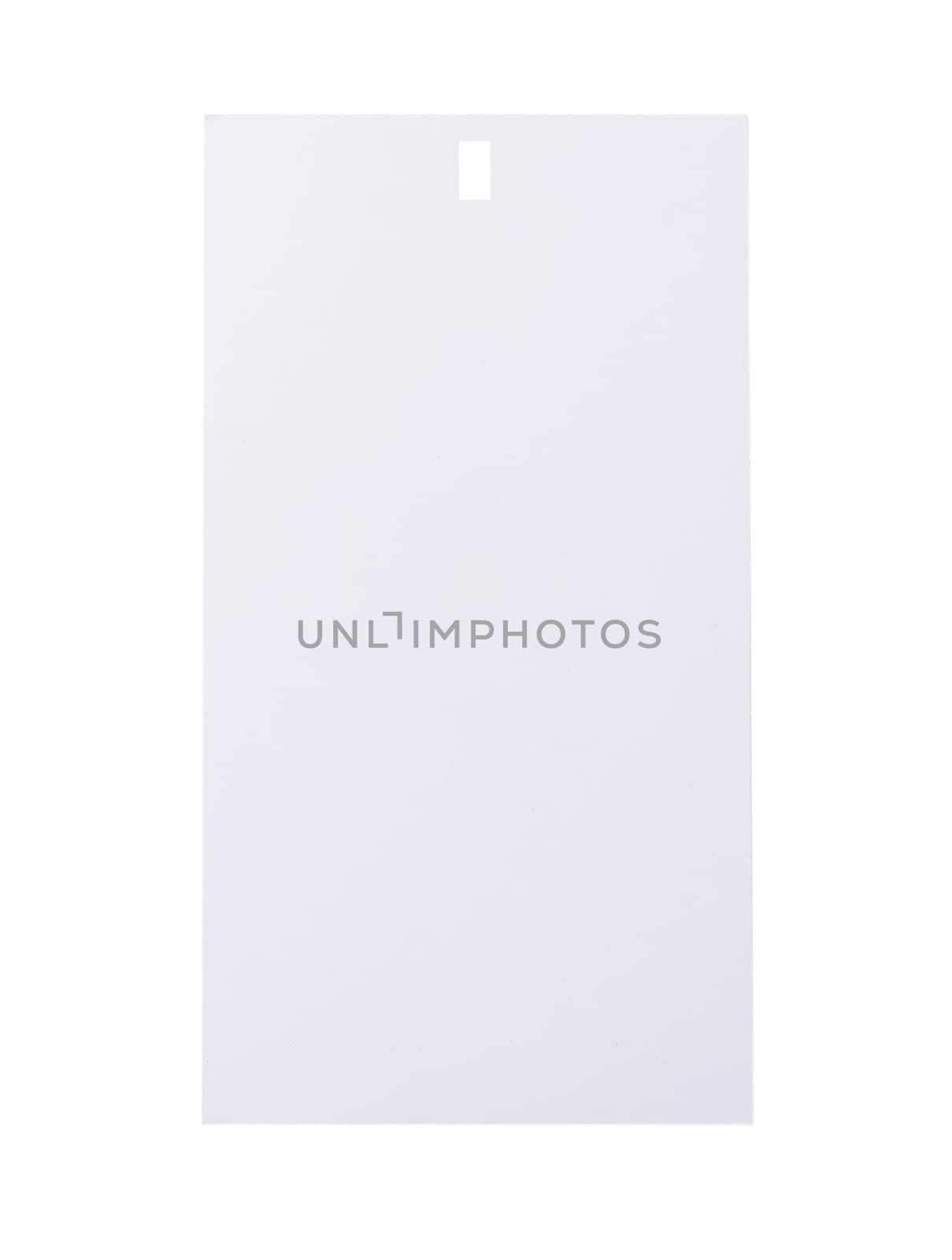Studio shot of vertical tag made of white recycled cardboard with hole, isolated on clean white background, for mockups, presentations, various design projects,
