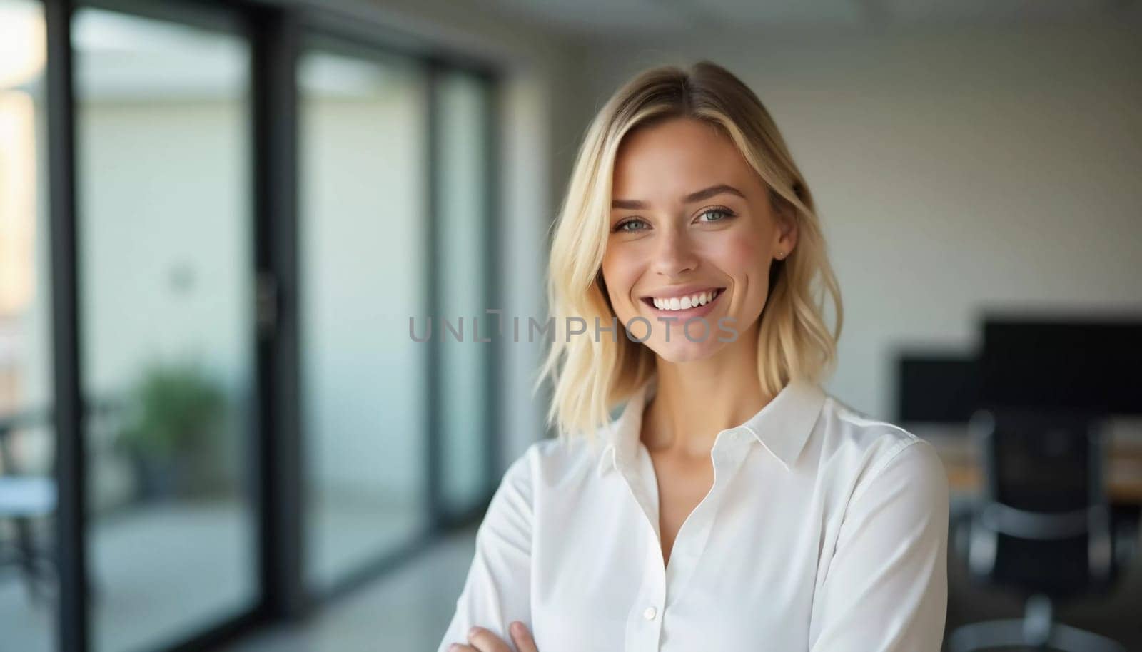 A friendly blonde woman smiles warmly while standing in a contemporary bank office. Her approachable demeanor reflects excellent professionalism, enhancing customer interactions.