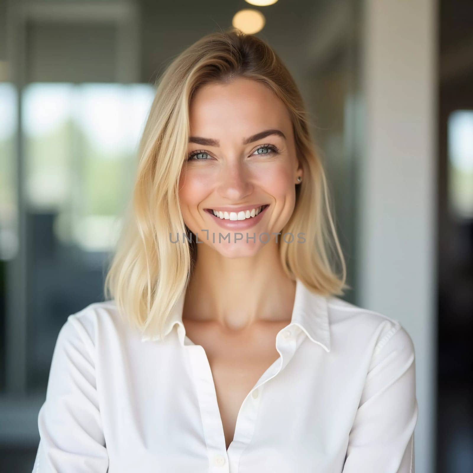 A confident blonde woman with a bright smile stands in a contemporary bank office, ready to assist clients.