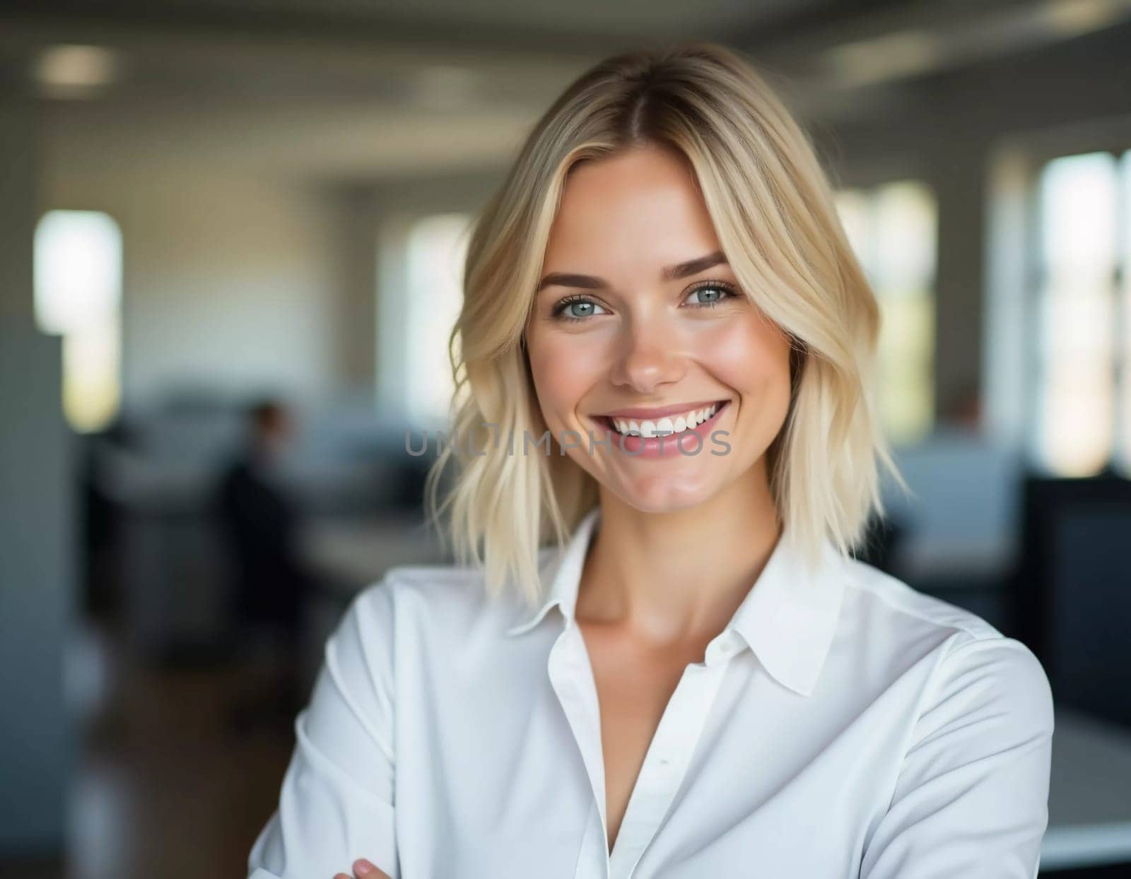 Radiating positivity, a skilled blonde bank representative engages warmly with clients in a contemporary office setting. The atmosphere feels welcoming and professional.