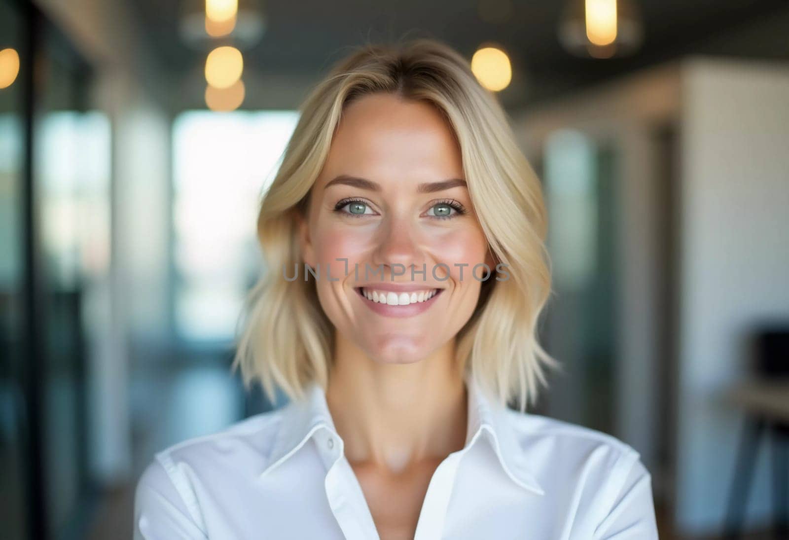 A friendly blonde woman is smiling warmly, showcasing her welcoming nature as she stands in a modern bank office filled with natural light. Her professional attire adds to the ambiance.