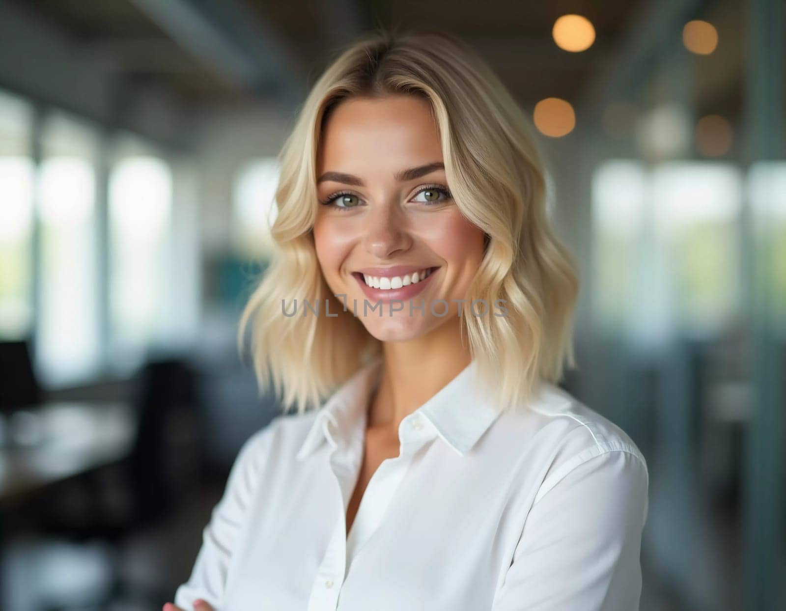 Inside a bustling bank, a cheerful blonde woman in a crisp white shirt showcases her professionalism. Her bright smile reflects a welcoming atmosphere, enhancing customer experience.