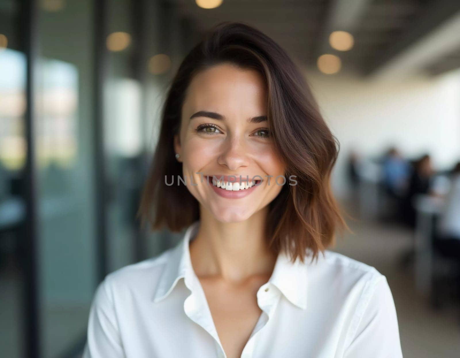 A cheerful brunette woman stands confidently in a modern bank office, delivering exceptional service with a bright smile. The setting conveys professionalism and warmth.