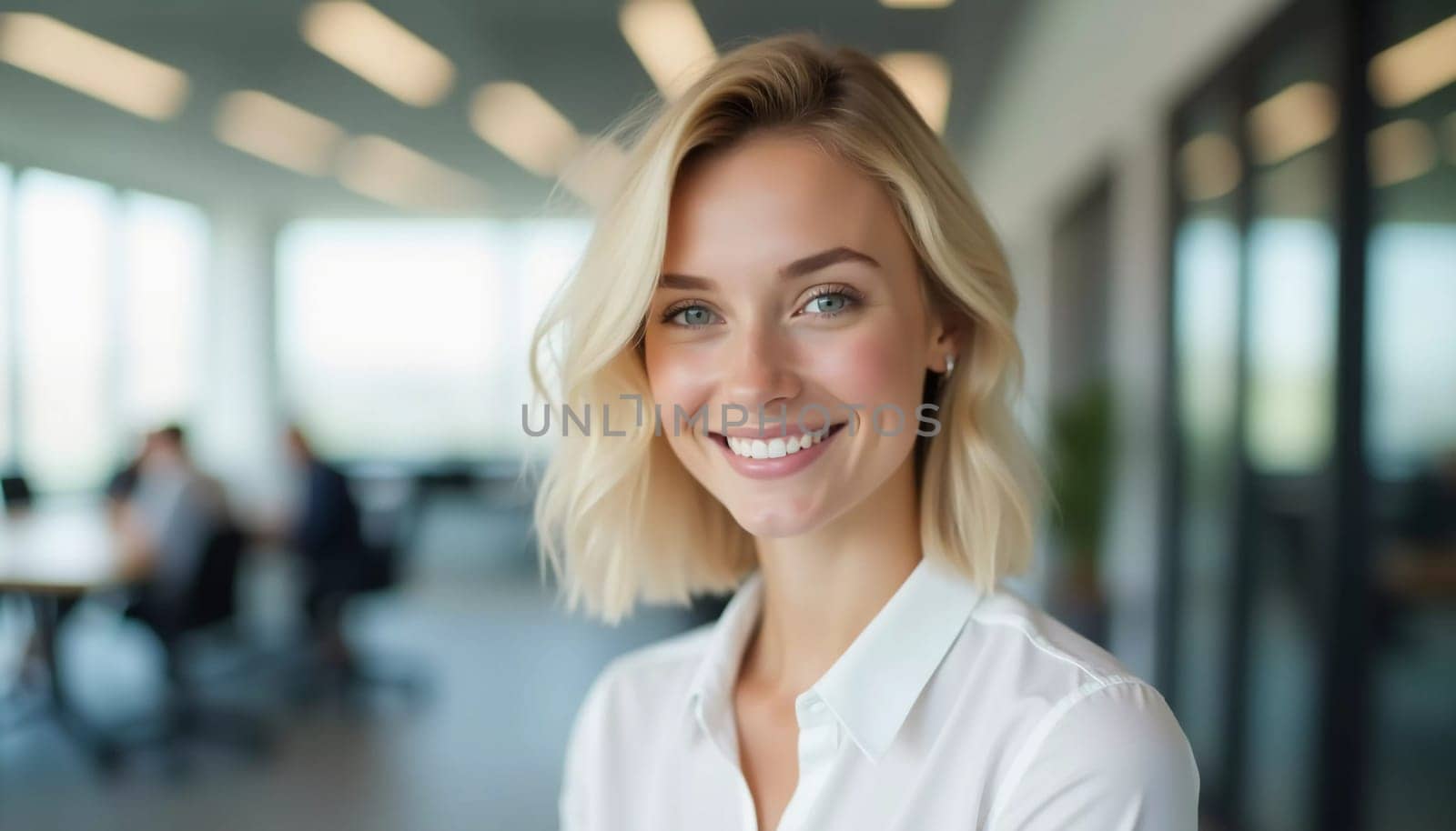 In a modern office filled with natural light, a cheerful blonde woman engages with colleagues while offering her friendly assistance and support.