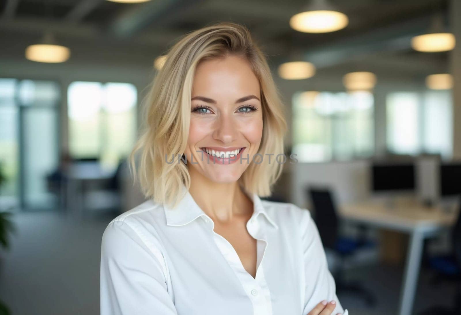 A cheerful blonde woman in a crisp white shirt stands confidently in a contemporary bank office, radiating warmth and professionalism while engaging with clients.