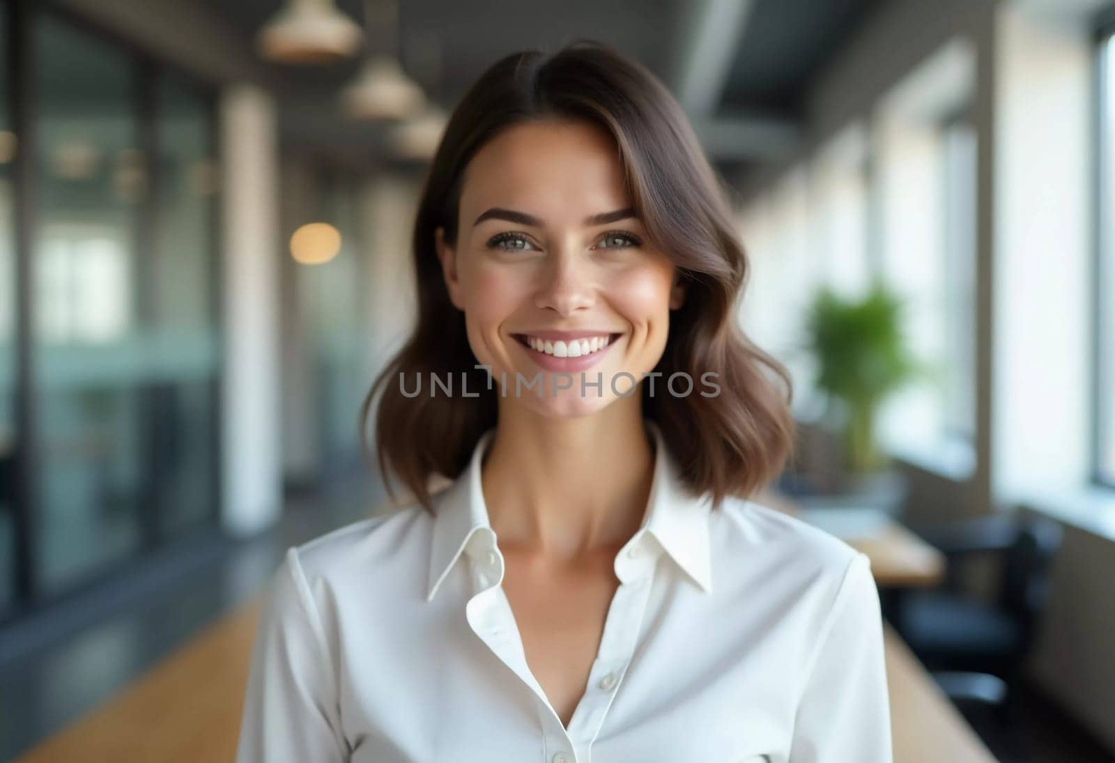 In a bright office environment, a confident brunette woman beams with a friendly smile while assisting clients. Her professional demeanor enhances the welcoming atmosphere of the bank.