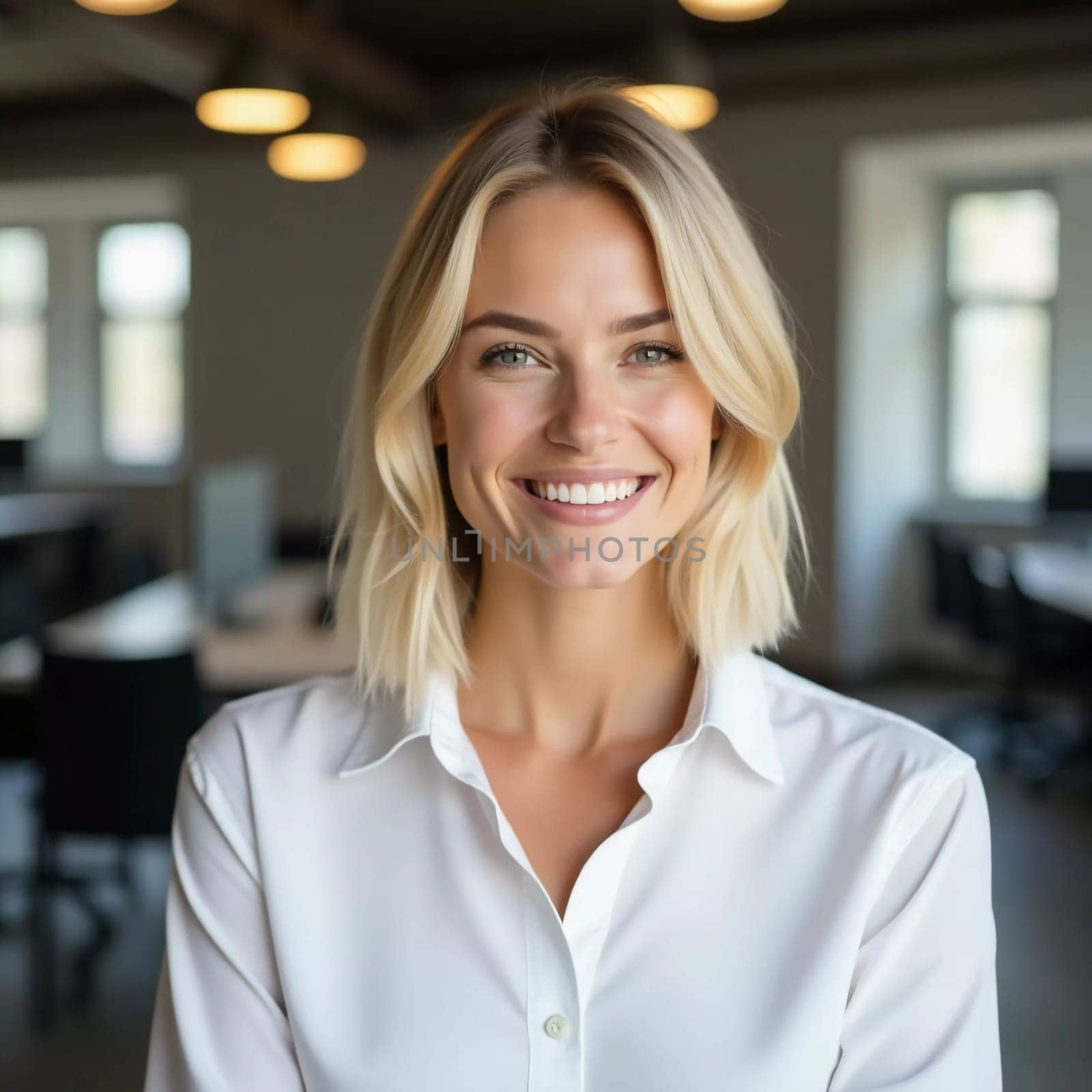 A confident blonde woman smiles in a bright office, providing friendly customer service at a busy bank, exuding professionalism and approachability.