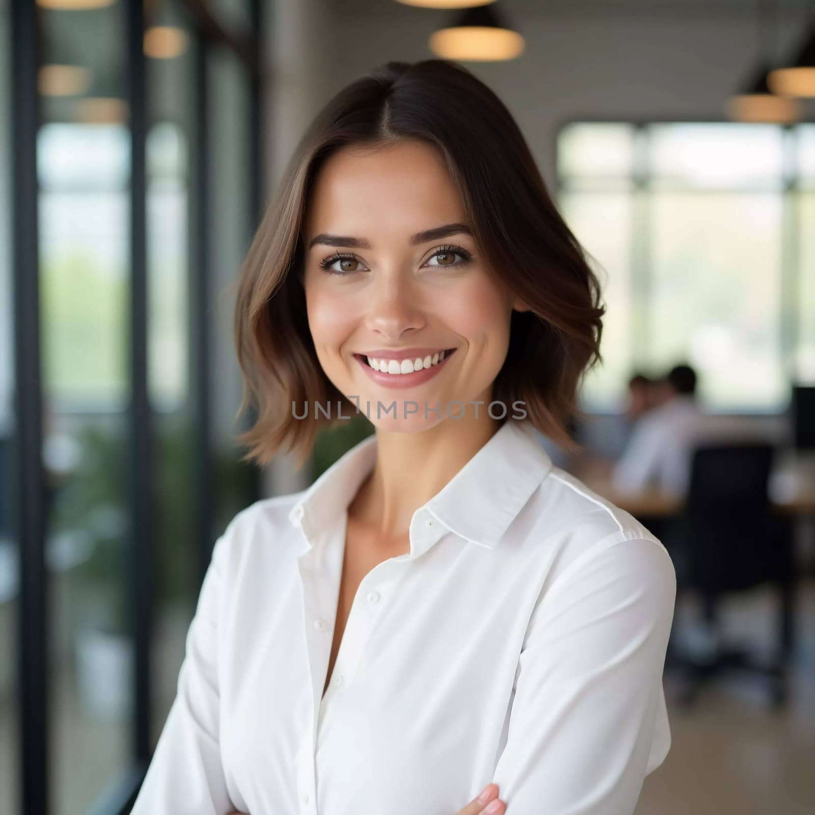 Radiating positivity, a brunette woman in a crisp white shirt shares a genuine smile while representing her bank in a sleek, contemporary office setting filled with busy professionals.