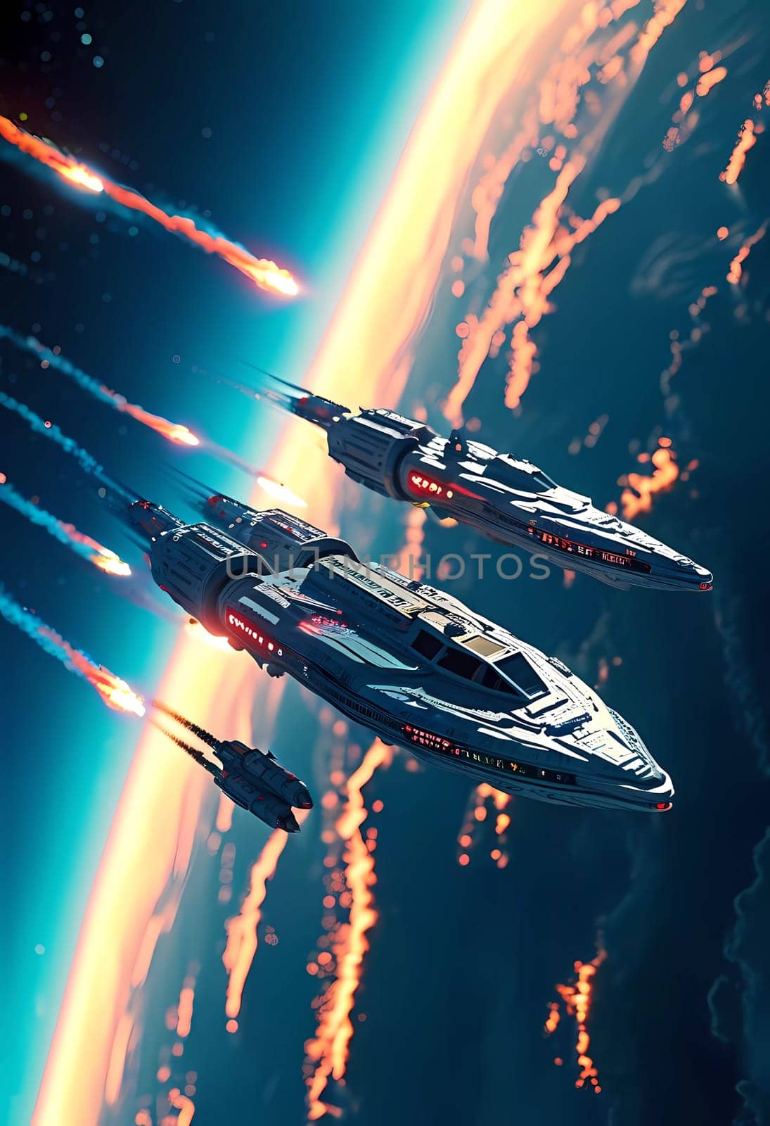 A fleet of advanced spaceships navigates the stunning expanse of the universe, emitting brilliant trails of light as they pierce through interstellar space.