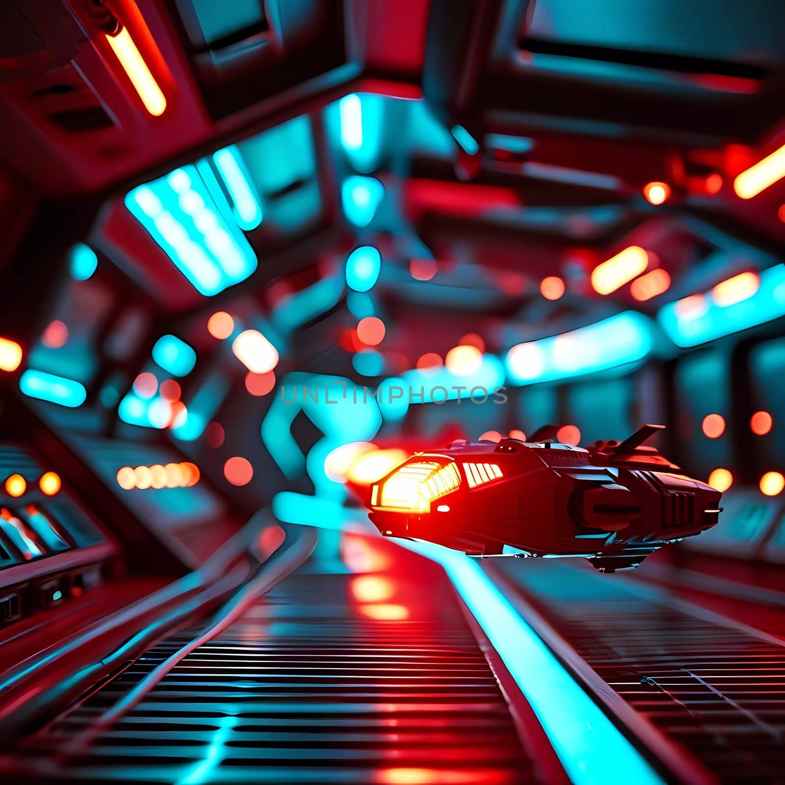 Futuristic spaceships glide smoothly along illuminated tracks within a high-tech corridor, surrounded by glowing lights that pulse in hues of blue and red, hinting at adventure beyond.