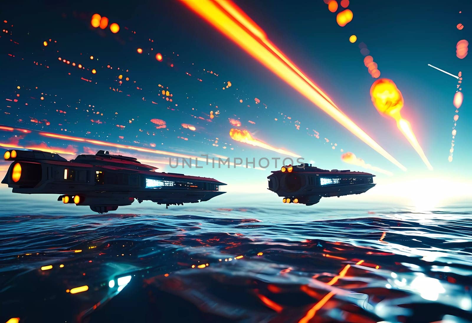 In a stunning display of energy and movement, two spacecraft navigate through dazzling astral currents, leaving trails of light that illuminate the mysterious cosmos around them.