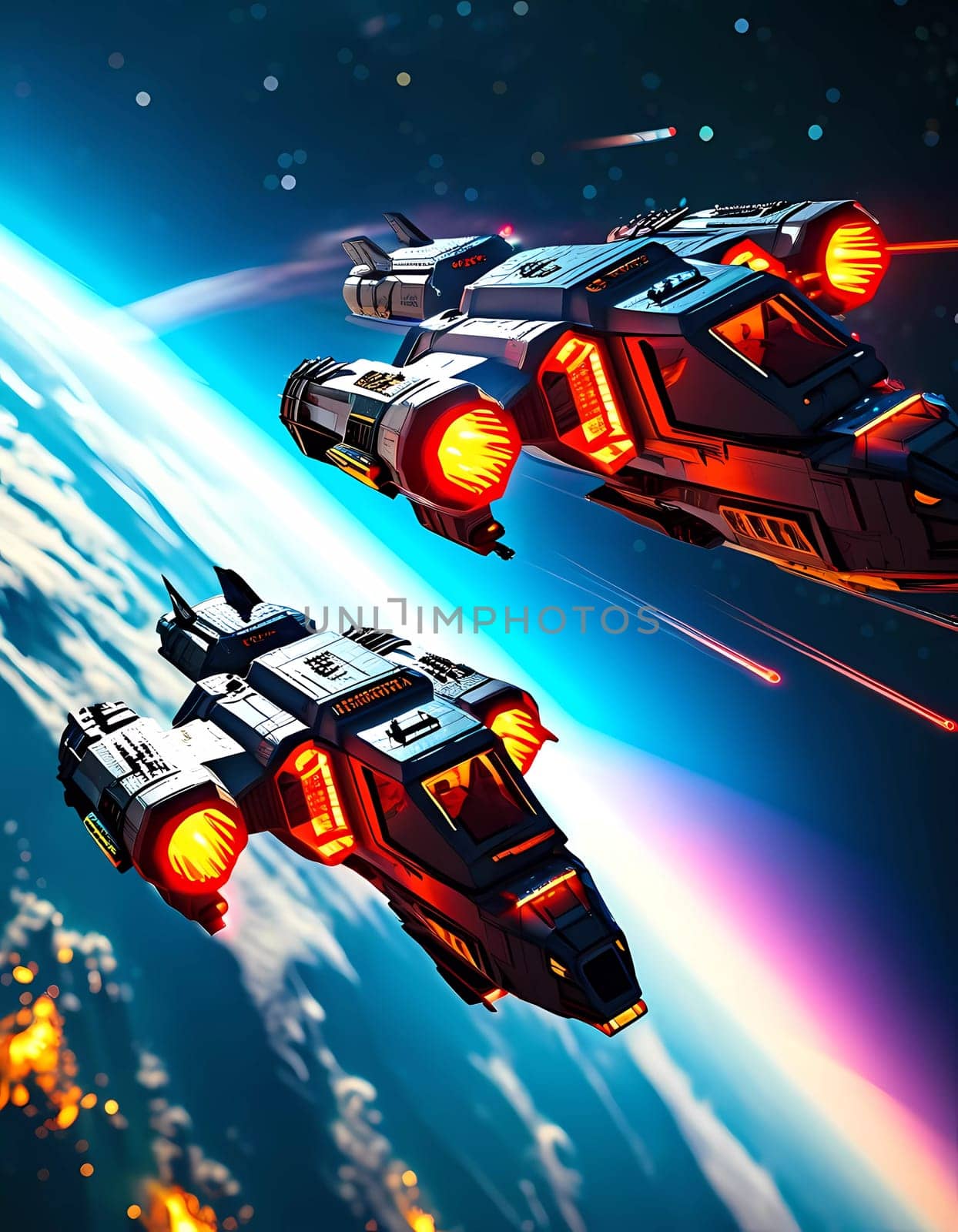 Amidst the vastness of the universe, two sleek spaceships surge through space, their engines glowing brightly as they trace radiant paths across the dark canvas of the cosmos.