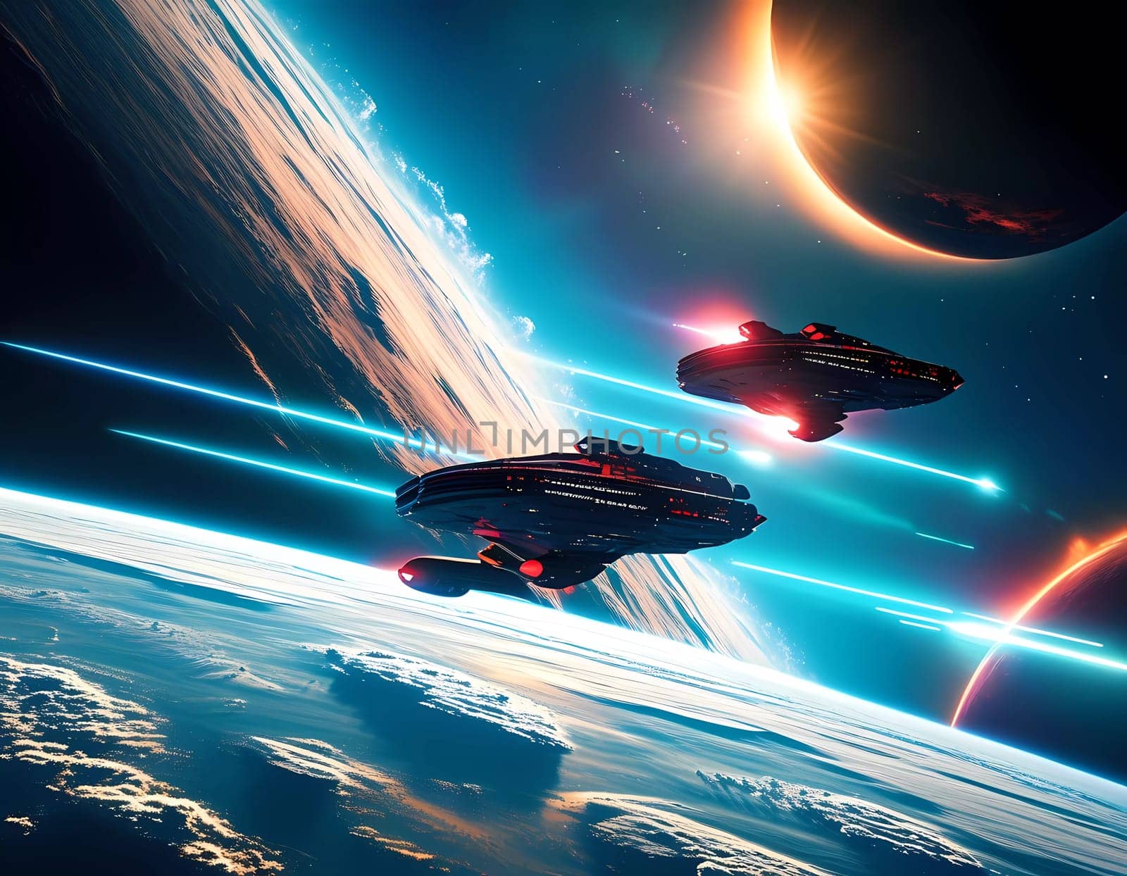 Two sleek, futuristic spaceships glide through the depths of space, leaving brilliant trails of light.
