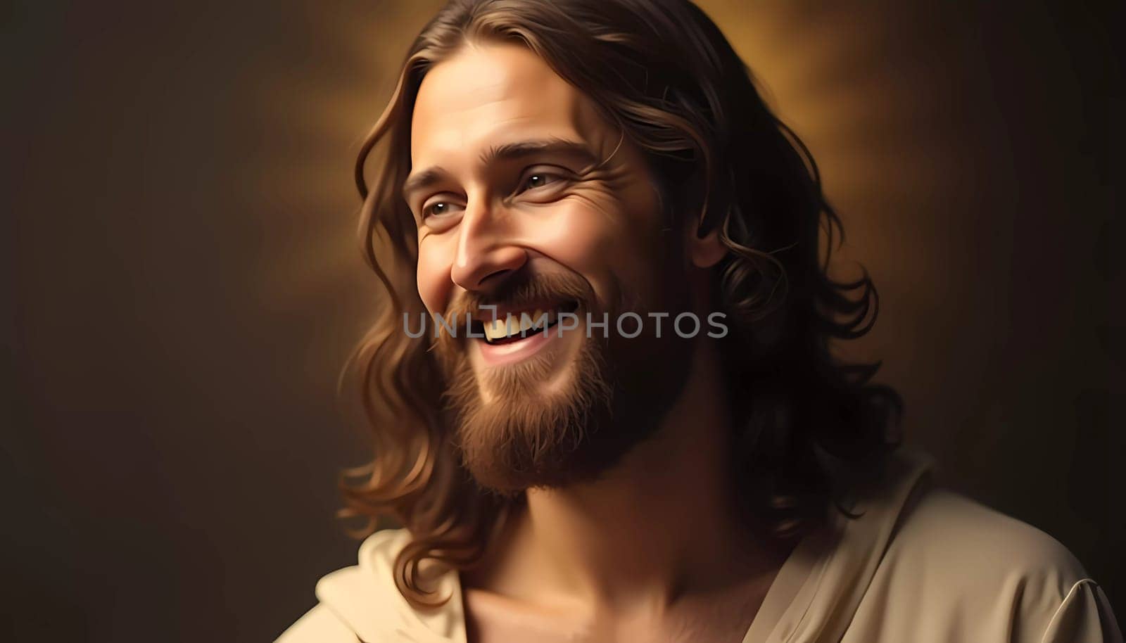 In a moment filled with warmth, Jesus Christ radiates joy and love, showcasing a serene smile that brings comfort and hope to all who behold.