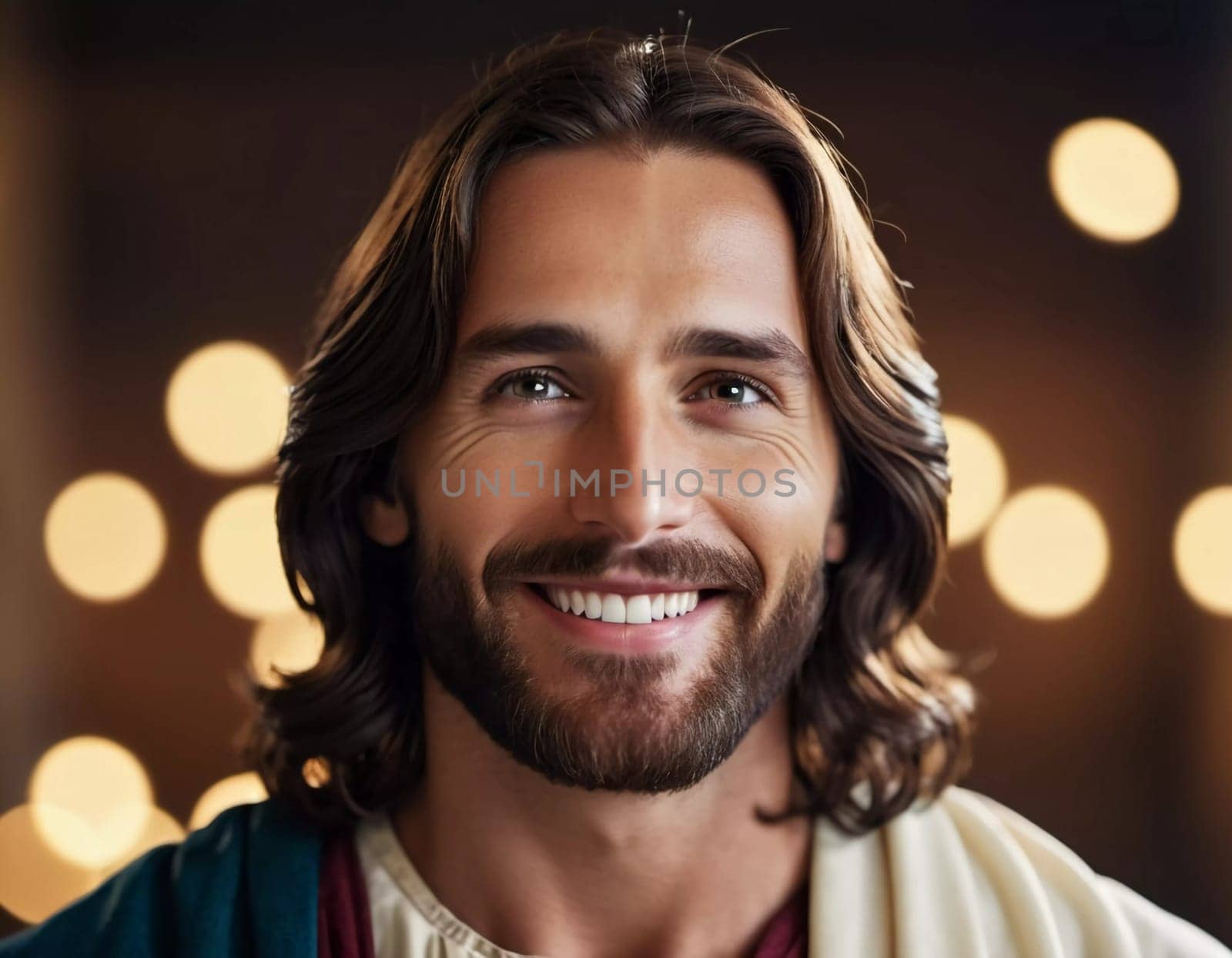 In a tranquil environment filled with gentle light, a figure of Jesus Christ shines with a warm smile, embodying kindness and compassion. His expression inspires comfort and hope.