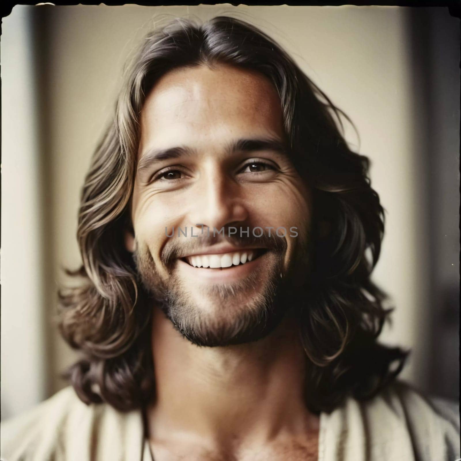 With flowing hair and a heartfelt smile, a figure embodies love and kindness, capturing a moment of tranquility in a peaceful atmosphere that inspires hope and faith.